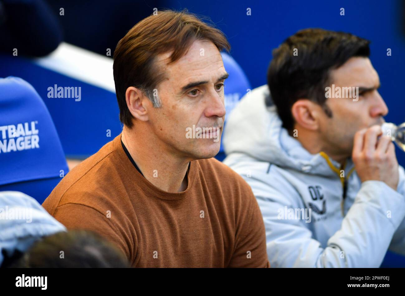 Loups à la tête de l'entraîneur Julen Lopetegui lors du match de la Premier League entre Brighton & Hove Albion et Wolverhampton Wanderers au stade de la communauté American Express, Brighton, Royaume-Uni - 29th avril 2023 photo Simon Dack / Telephoto Images. Usage éditorial uniquement. Pas de merchandising. Pour les images de football, les restrictions FA et Premier League s'appliquent inc. Aucune utilisation Internet/mobile sans licence FAPL - pour plus de détails, contactez football Dataco Banque D'Images