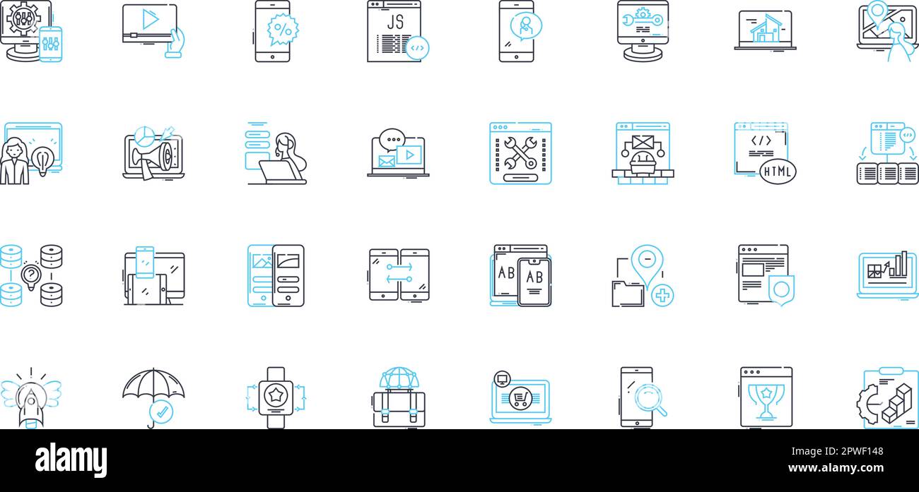 Jeu d'icônes linéaires de publicité de contenu. Promotion, Editorial, engagement, Marketing, Buzz, Panneaux de marque, vecteur de ligne virale et concept. Narration Illustration de Vecteur