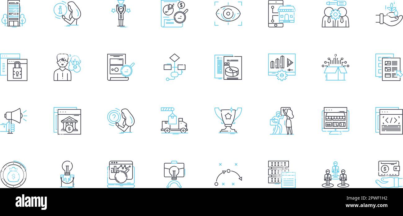 Jeu d'icônes linéaires d'articles numériques. Lien hypertexte, médias sociaux, Blog, E-book, Newsletter, Contenu, vecteur de ligne infographique et signes conceptuels. Podcast, annonce Illustration de Vecteur