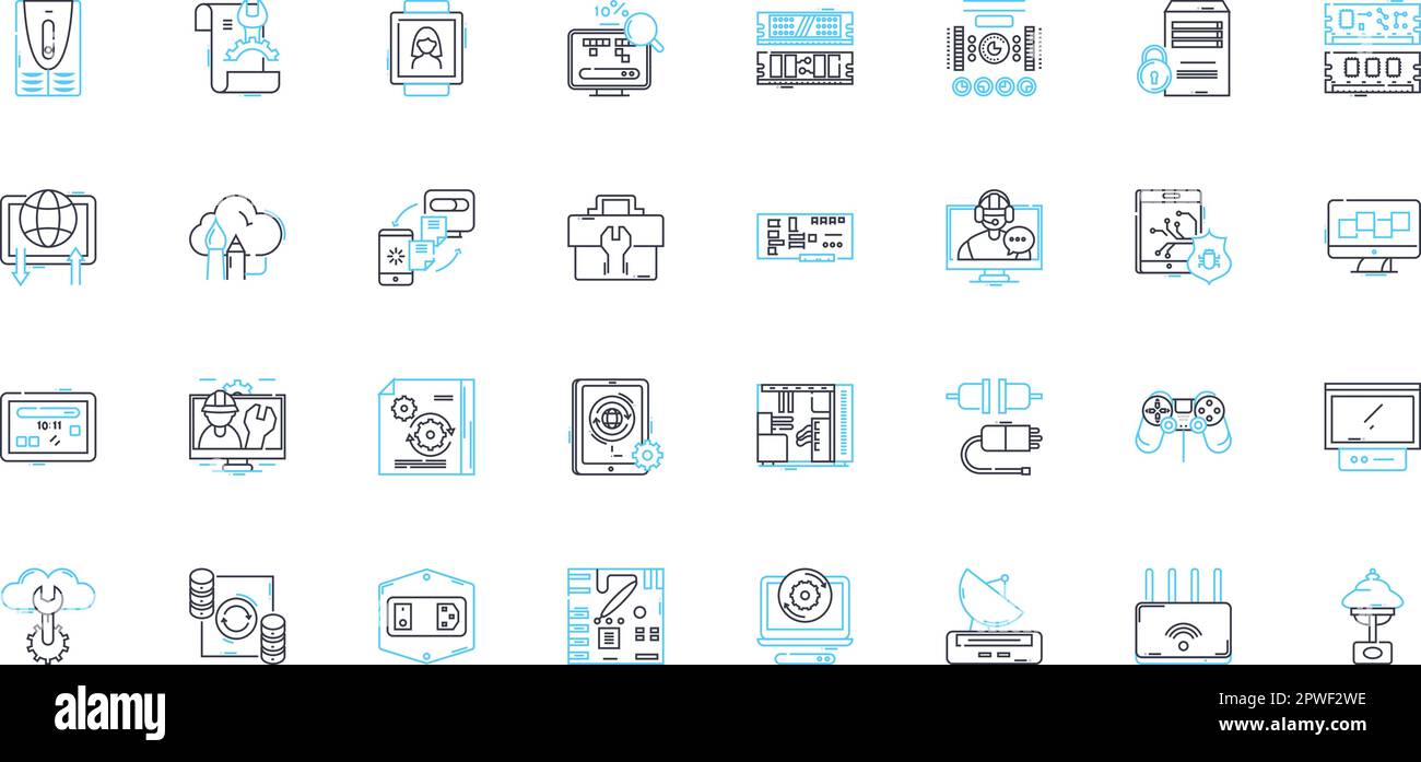Ensemble d'icônes linéaires d'équipement électronique. Amplificateur, circuit, condensateur, diode, transistor, Résistance, vecteur de ligne de capteur et signes conceptuels. Encodeur Illustration de Vecteur