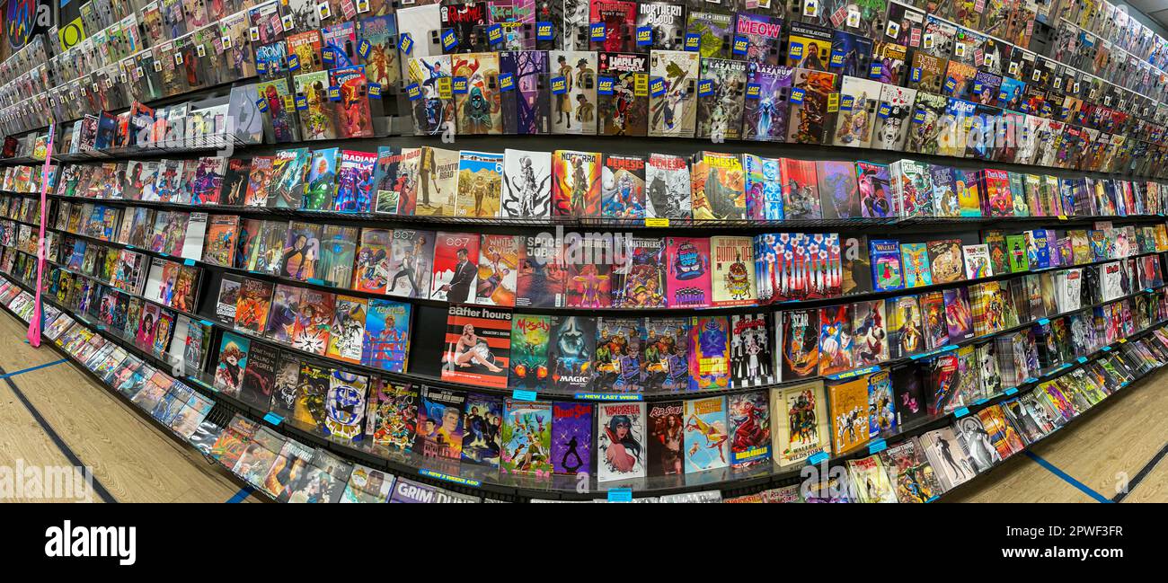 Divers titres de comics sont disponibles à la vente dans le magasin Midtown Comics de Manhattan. Banque D'Images