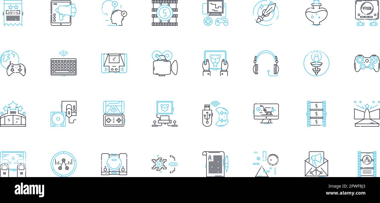 Ensemble d'icônes linéaires de l'industrie multimédia. Animation, numérique, vidéo, audio, graphiques, Conception, vecteur de ligne de mouvement et signes conceptuels. Jeu, virtuel Illustration de Vecteur