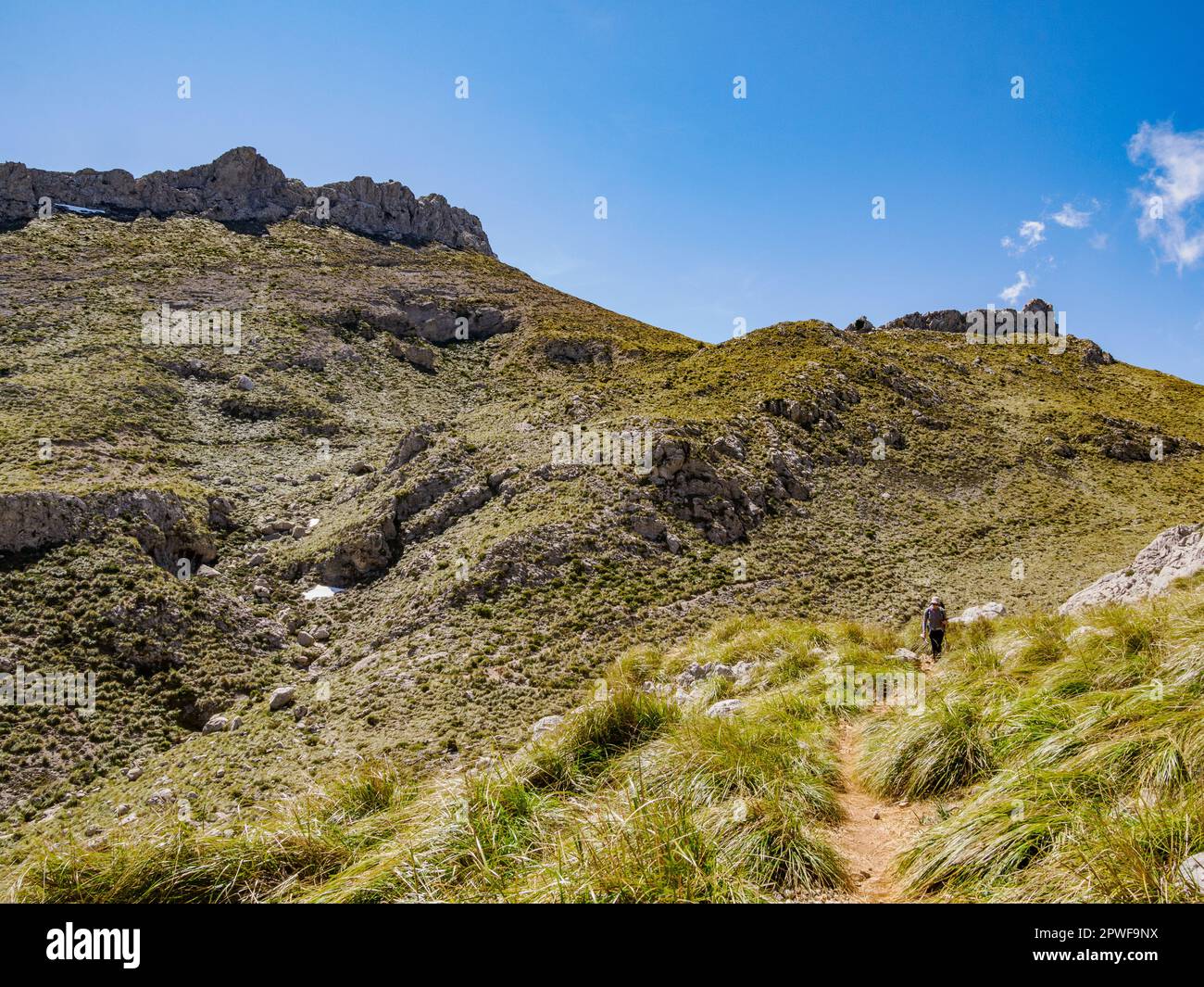 Marcheur sur la descente du Coll des Prat au monastère de Lluc sur la GR221 Drystone route à travers les montagnes de Tramuntana à Majorque Banque D'Images