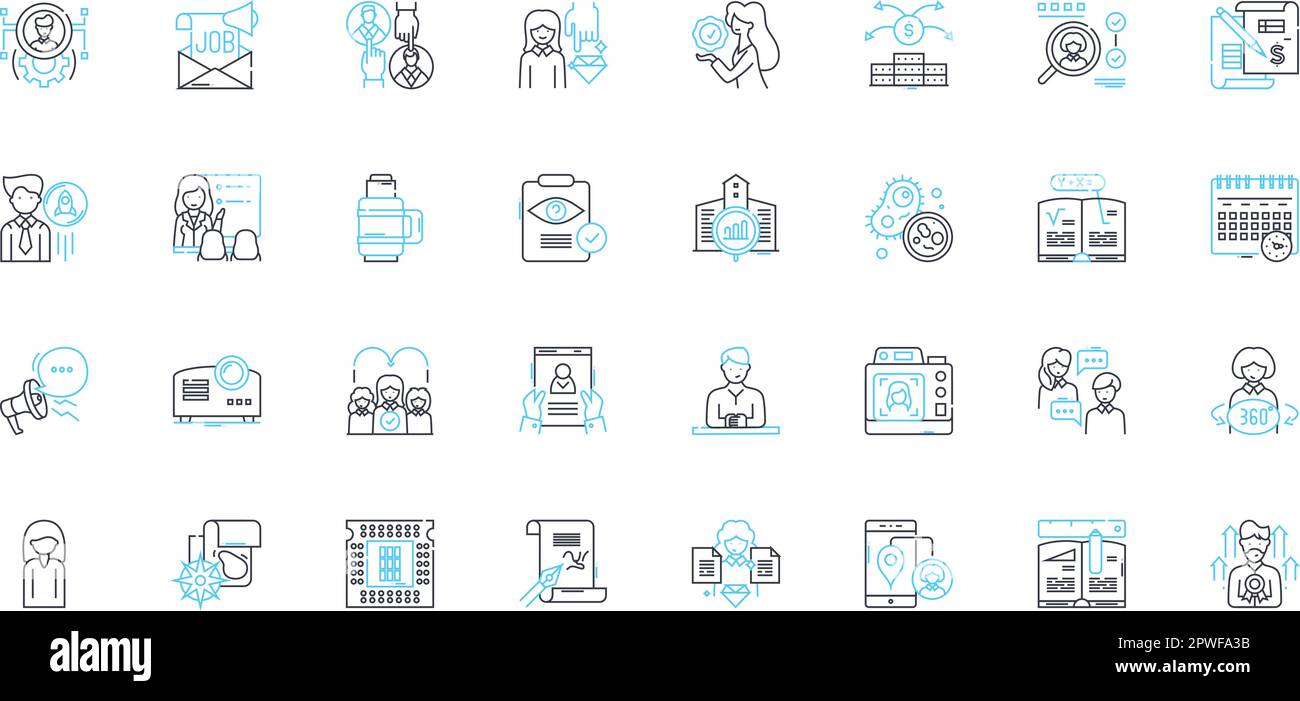 Ensemble d'icônes linéaires de repérage des talents. Identification, évaluation, évaluation, reconnaissance, recherche, Découverte, vecteur de ligne de recrutement et signes de concept Illustration de Vecteur