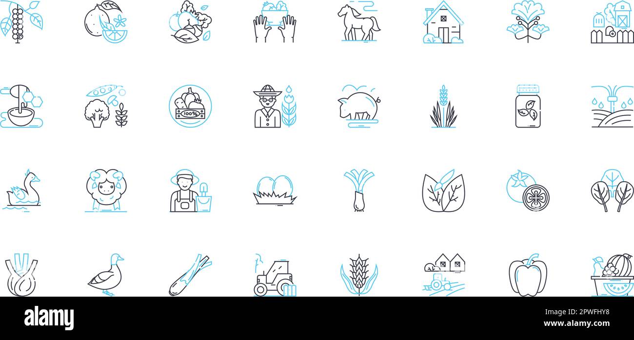 Jeu d'icônes linéaires d'agriculture agroécologique. Durabilité, diversité, sol, permaculture, régénération, Écosystème, vecteur de ligne organique et signes de concept Illustration de Vecteur