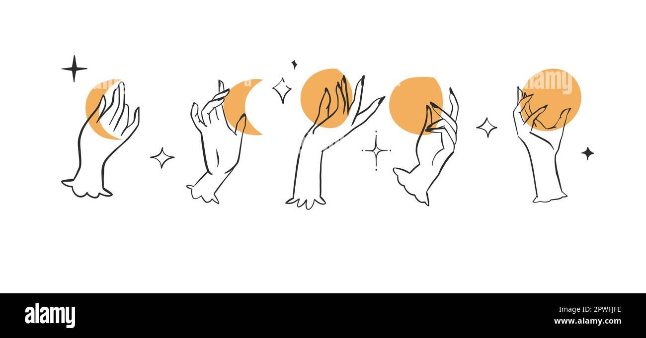 Dessin à la main vecteur résumé contour, graphique, art de ligne magie main humaine avec lune et étoiles logo dans le style minimaliste moderne.Lune et étoiles signe contour Illustration de Vecteur