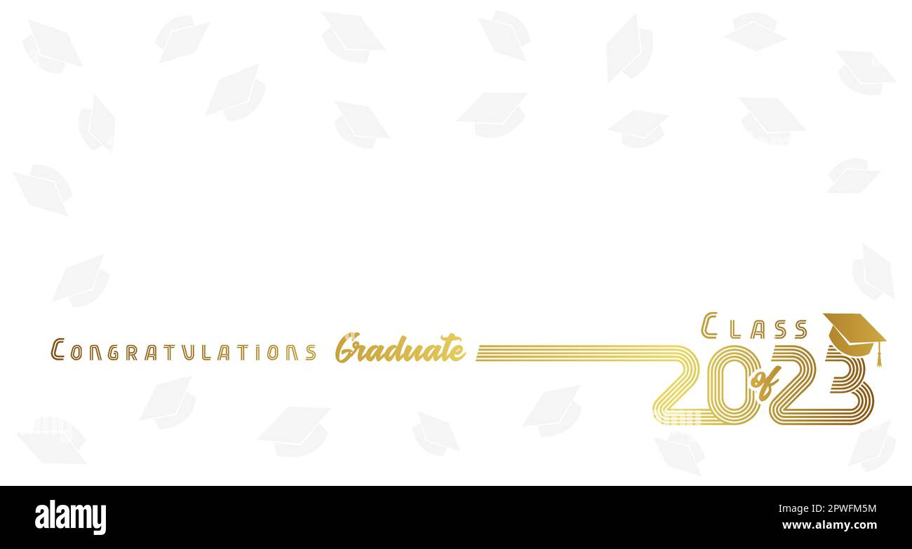 2023 félicitation Graduate Golden Line design. Conception de classe 2023 avec nombre de vecteur doré et graduation carrée de la casquette universitaire sur fond blanc Illustration de Vecteur