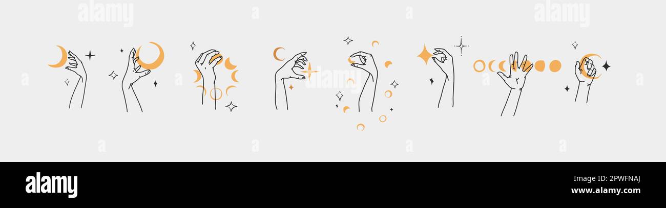 Dessin à la main vecteur résumé contour, graphique, jeu de ligne magie main humaine avec la lune et le logo d'étoile dans le style moderne minimaliste.Lune et le contour de signe d'étoile Illustration de Vecteur