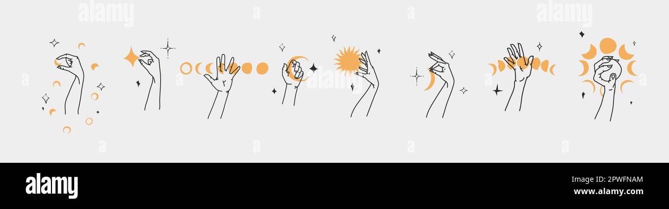 Dessin à la main vecteur résumé contour, graphique, jeu de ligne magie main humaine avec la lune et le logo d'étoile dans le style moderne minimaliste.Lune et le contour de signe d'étoile Illustration de Vecteur