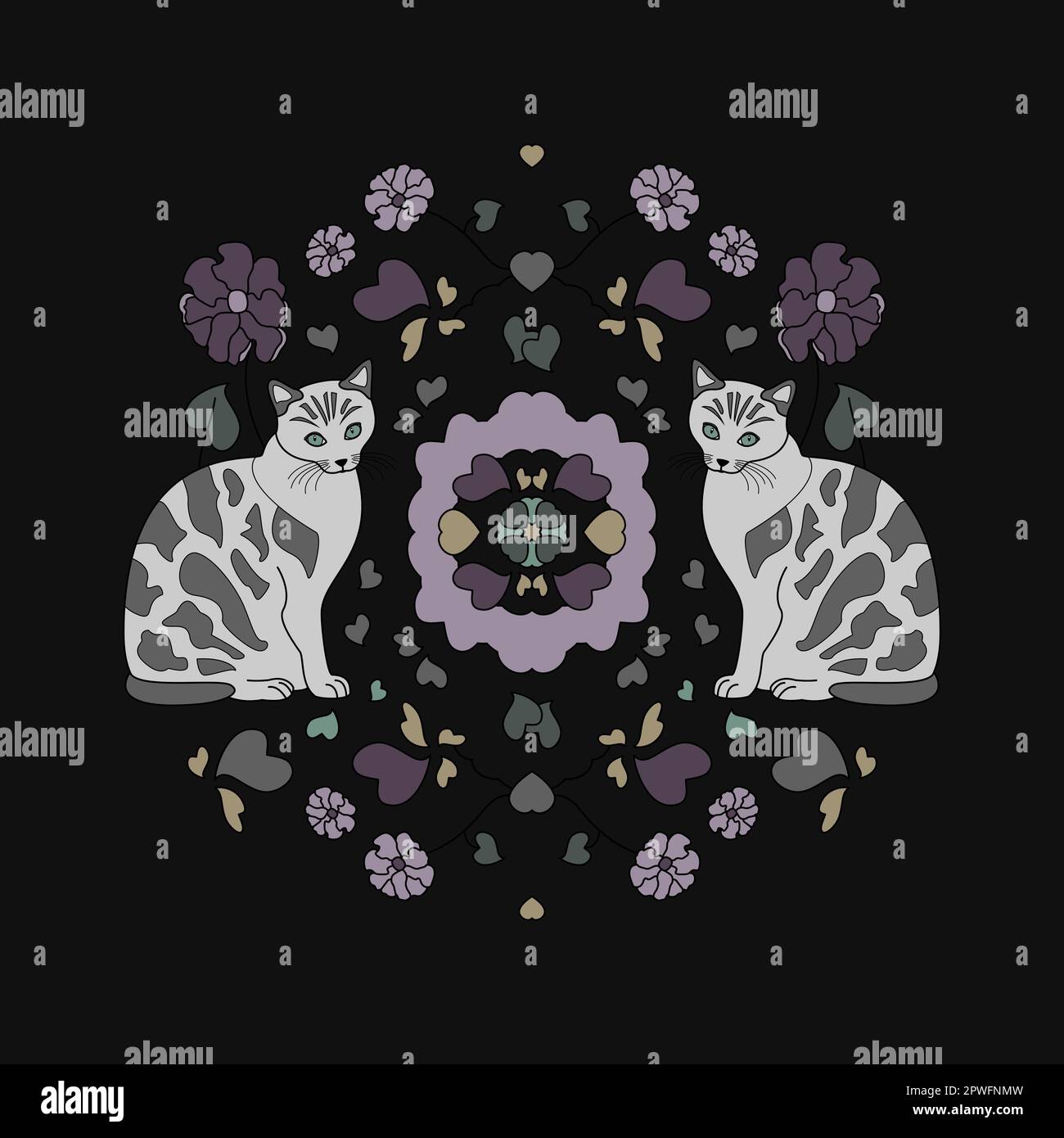 Répétition. Cat Mandala avec les coeurs et les fleurs. Illustration vectorielle. Illustration de Vecteur