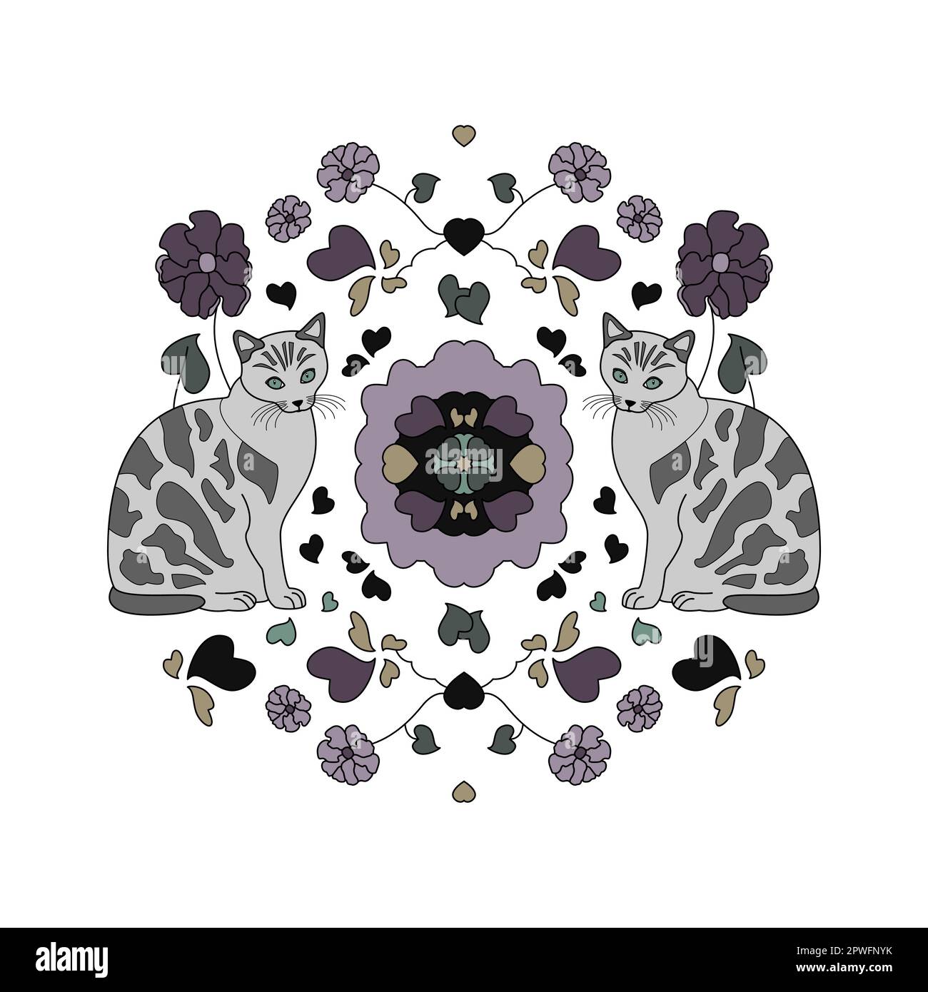 Répétition. Cat Mandala avec les coeurs et les fleurs. Illustration vectorielle. Illustration de Vecteur