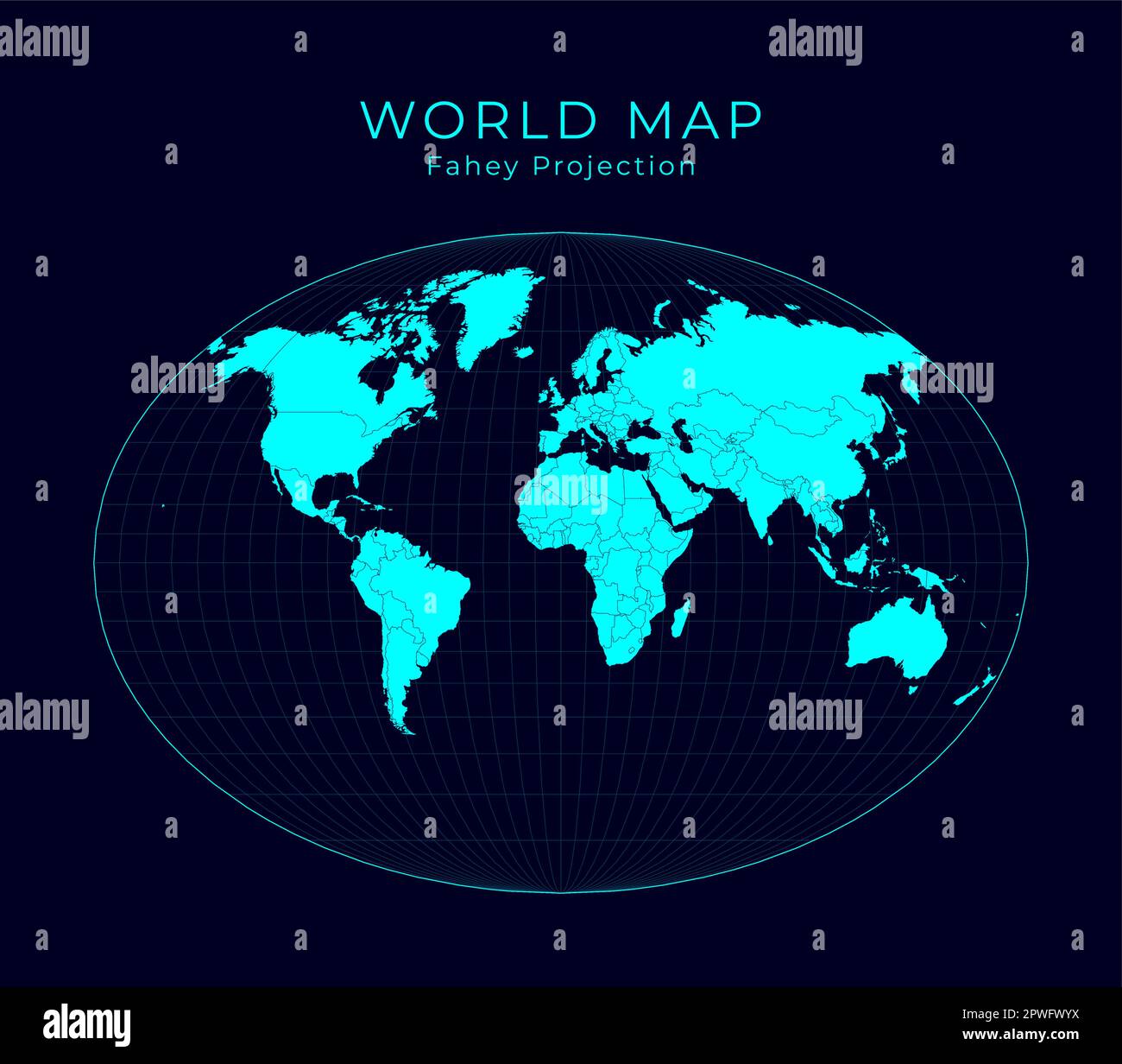 Carte du monde. Projection pseudo-cylindrique de Fahey. Illustration du monde infographique futuriste. Couleurs cyan vives sur fond sombre. Illustration de Vecteur