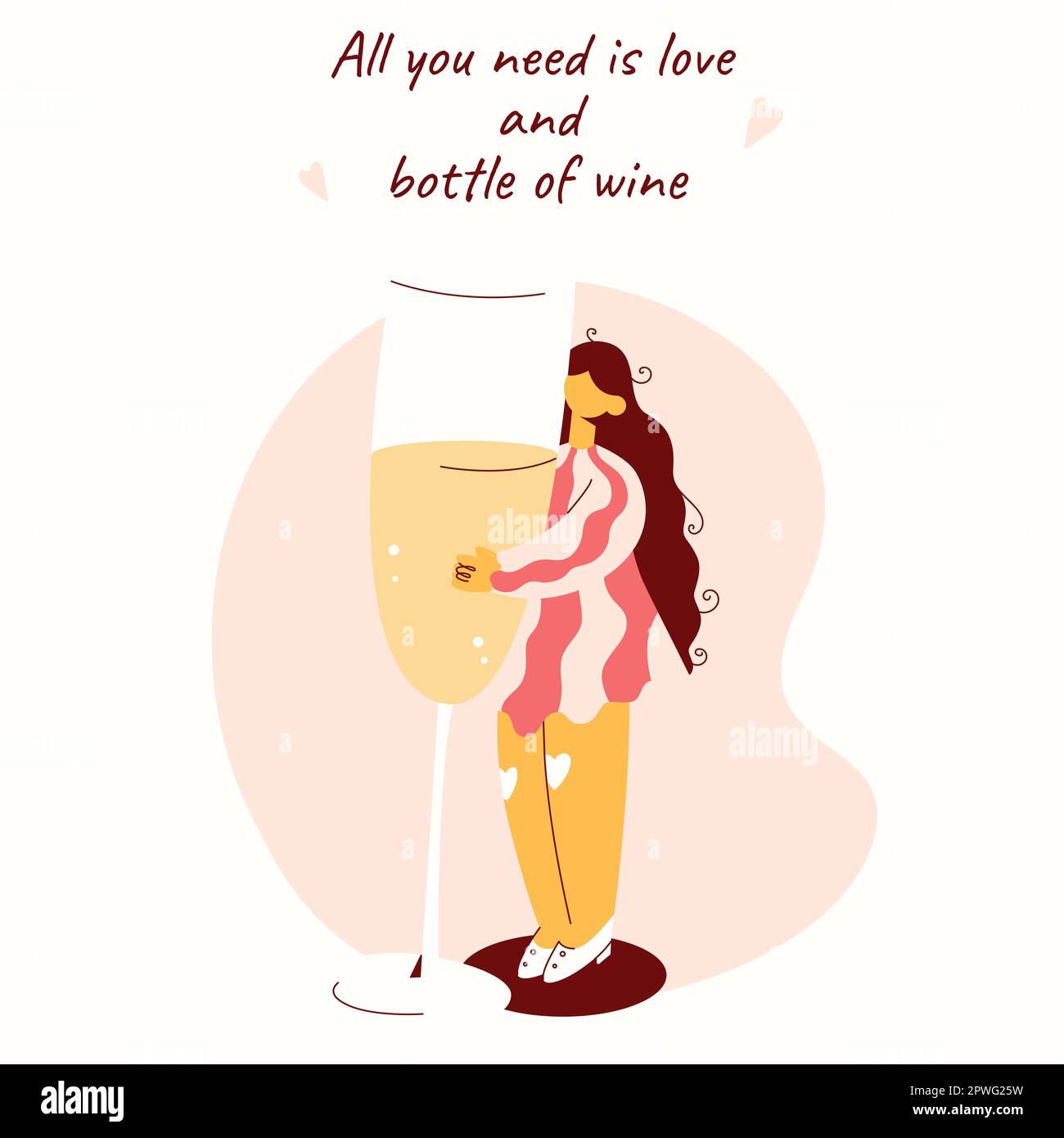 Tout ce dont vous avez besoin est amour et bouteille de vin.Funny 14 février,8 mars.Champagne,fille,décor,cartes,bannières,t-shirts.Vector Illustration de Vecteur