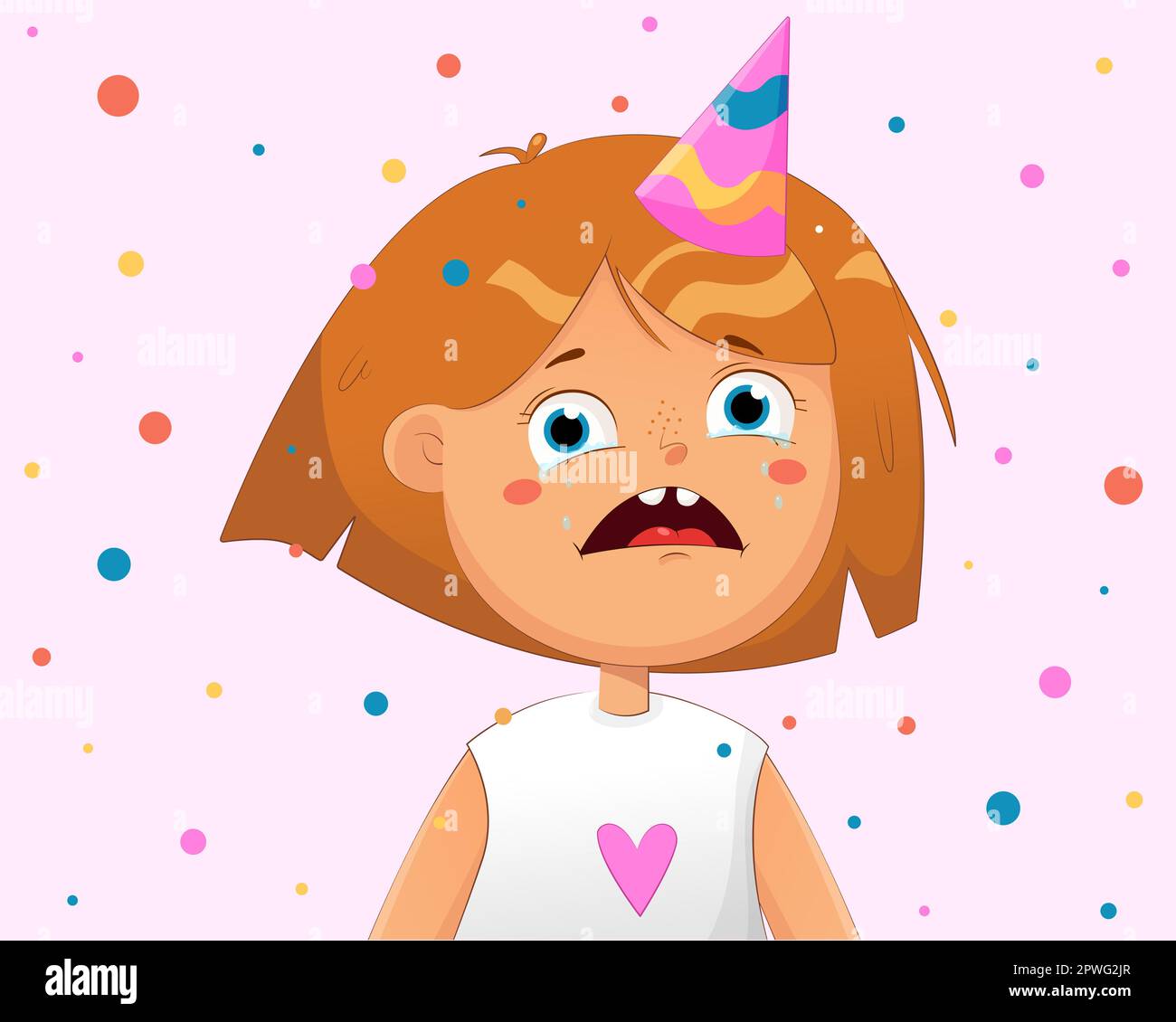 Illustration du personnage de dessin animé triste Little Girl Vector. Un enfant contrarié pleure lors d'une fête d'anniversaire.Illustration vectorielle Illustration de Vecteur