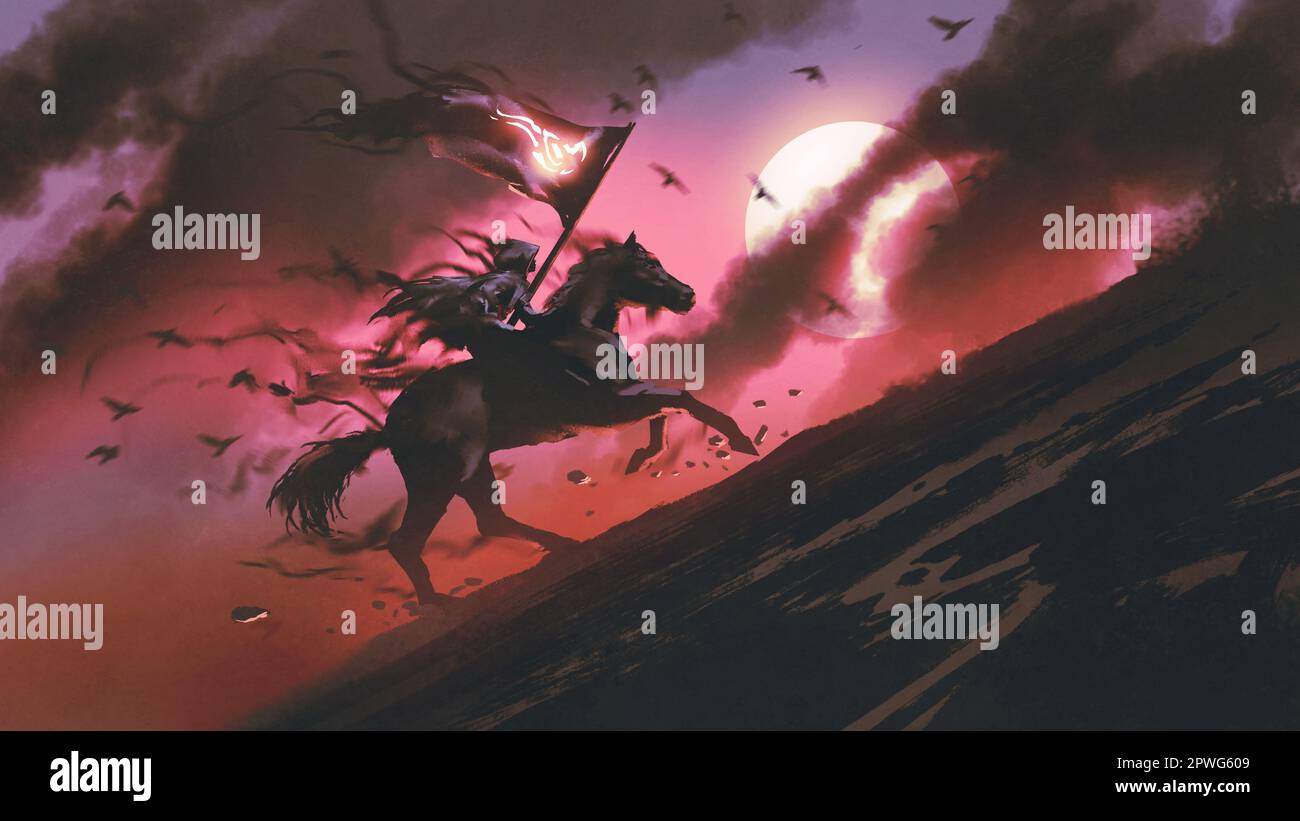 homme vêtu enroulant un cheval noir agitant un drapeau avec une sorte de symbole, style d'art numérique, peinture d'illustration Banque D'Images homme vêtu enroulant un cheval noir agitant un drapeau avec une sorte de symbole, style d'art numérique, peinture d'illustration Banque D'Images