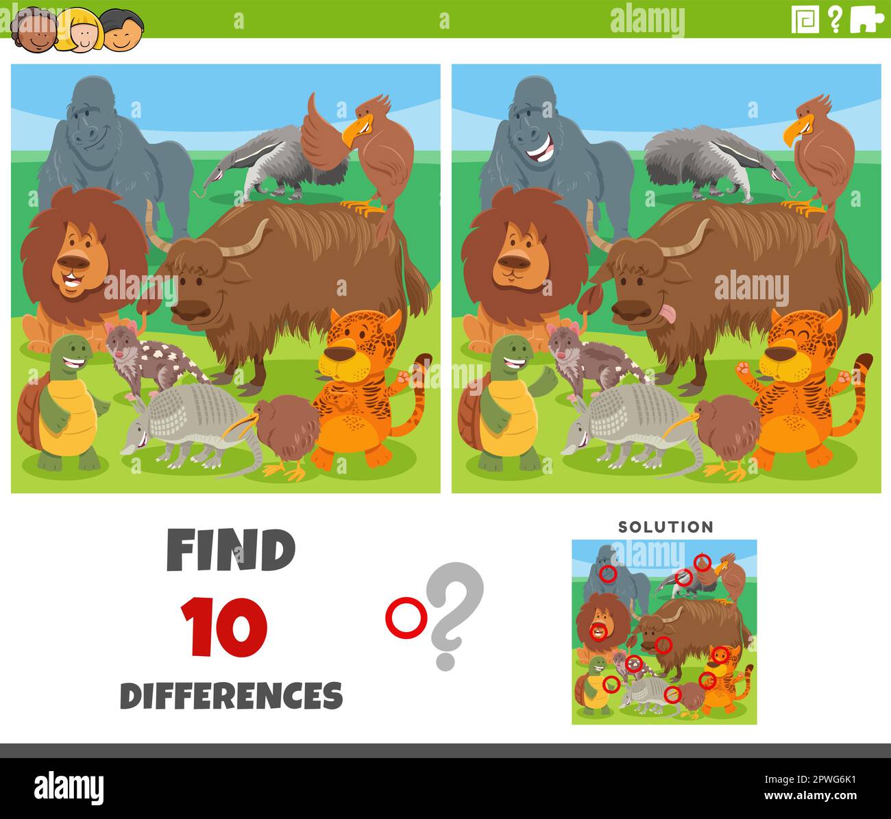 Dessin animé illustration de trouver les différences entre les images jeu éducatif avec les personnages animaux sauvages drôles Illustration de Vecteur