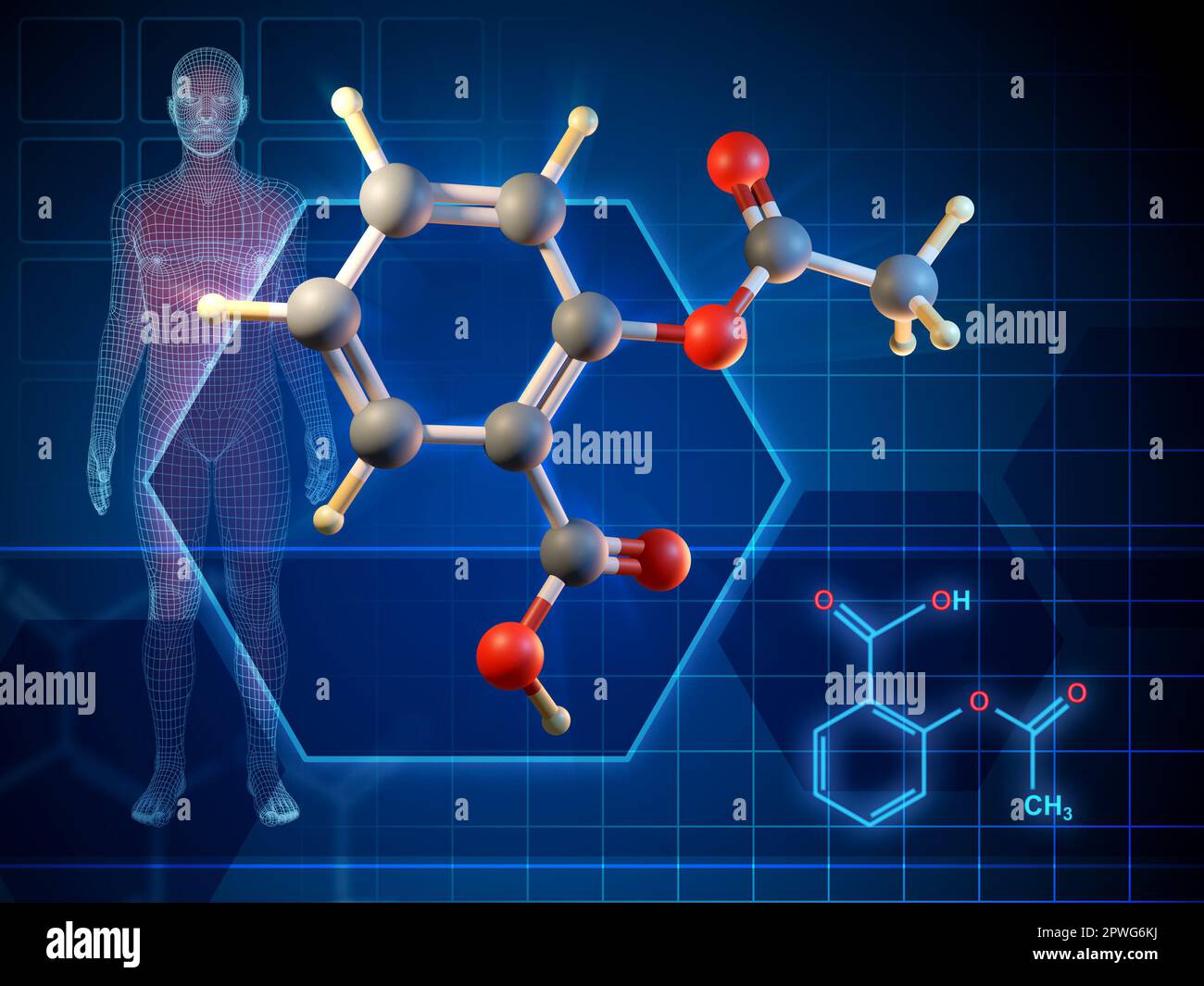 Formule de la molécule d'acide acétylsalicylique et schéma 3D. Illustration numérique, rendu 3D. Banque D'Images