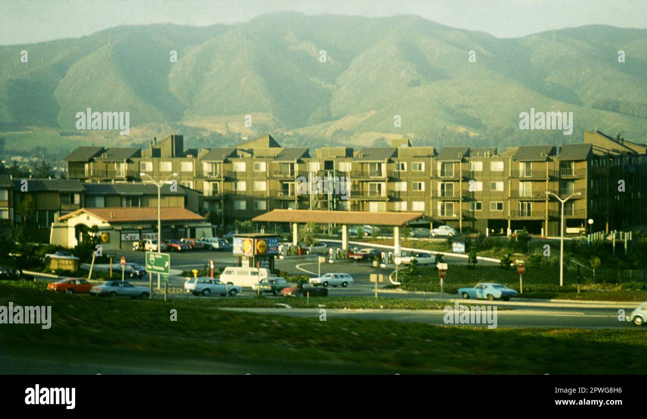 Station-service, Californie, États-Unis, 1977 Banque D'Images