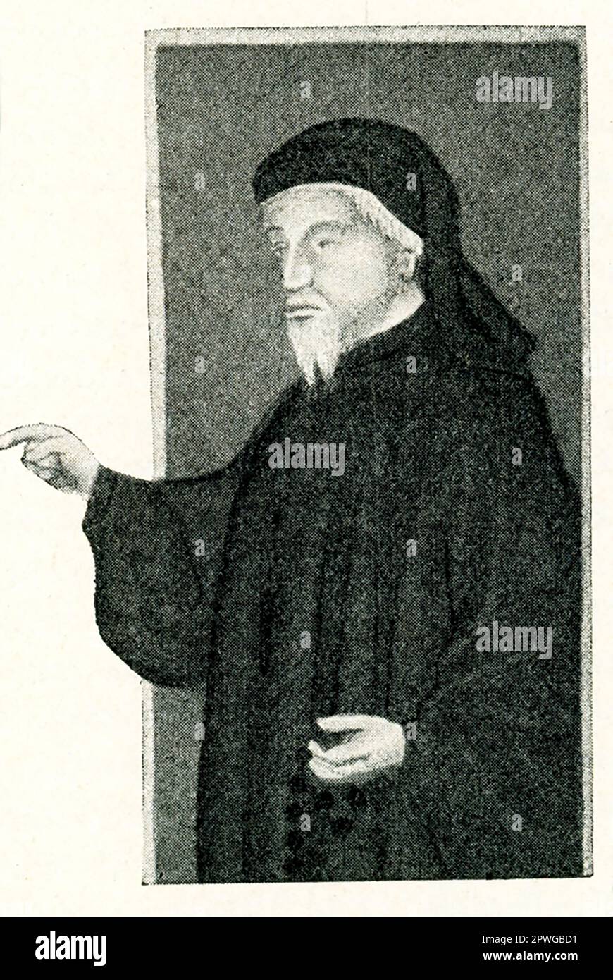 La légende de 1906 se lit comme suit : « Geoffrey Chaucer. Miniature par « Regement of Princes » de Thomas Hoccleve. Geoffrey Chaucer, (c. 1342/43-1400), le poète anglais remarquable avant Shakespeare et « le premier chercheur de notre langue ». Ses contes de Canterbury se classe parmi les plus grandes œuvres poétiques en anglais. Il a également contribué de façon importante, au cours de la seconde moitié du 14th siècle, à la gestion des affaires publiques en tant que courtier, diplomate et fonctionnaire. Thomas Hoccleve ou Occleve était un poète et commis anglais, qui est devenu une figure clé dans la littérature du Moyen-anglais du 15th siècle. Son réglement des Princes Banque D'Images