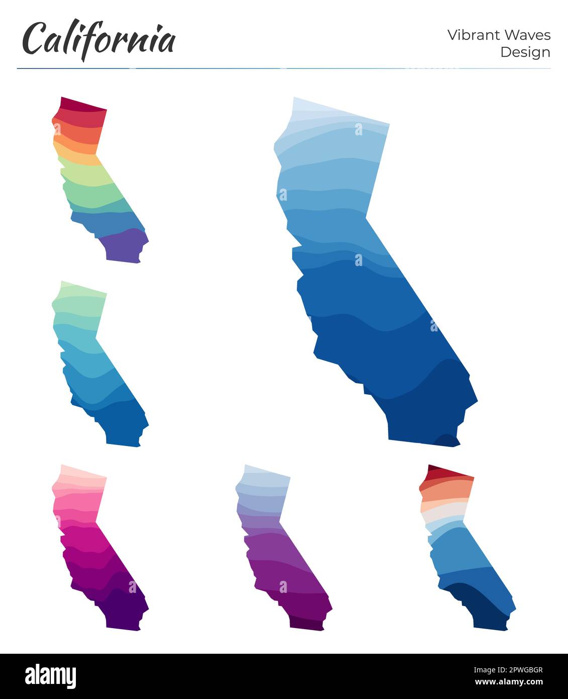 Ensemble de cartes vectorielles de Californie. Motif vagues vibrantes. Carte lumineuse de notre état dans le style de courbes géométriques lisses. Carte de Californie multicolore pour votre Illustration de Vecteur