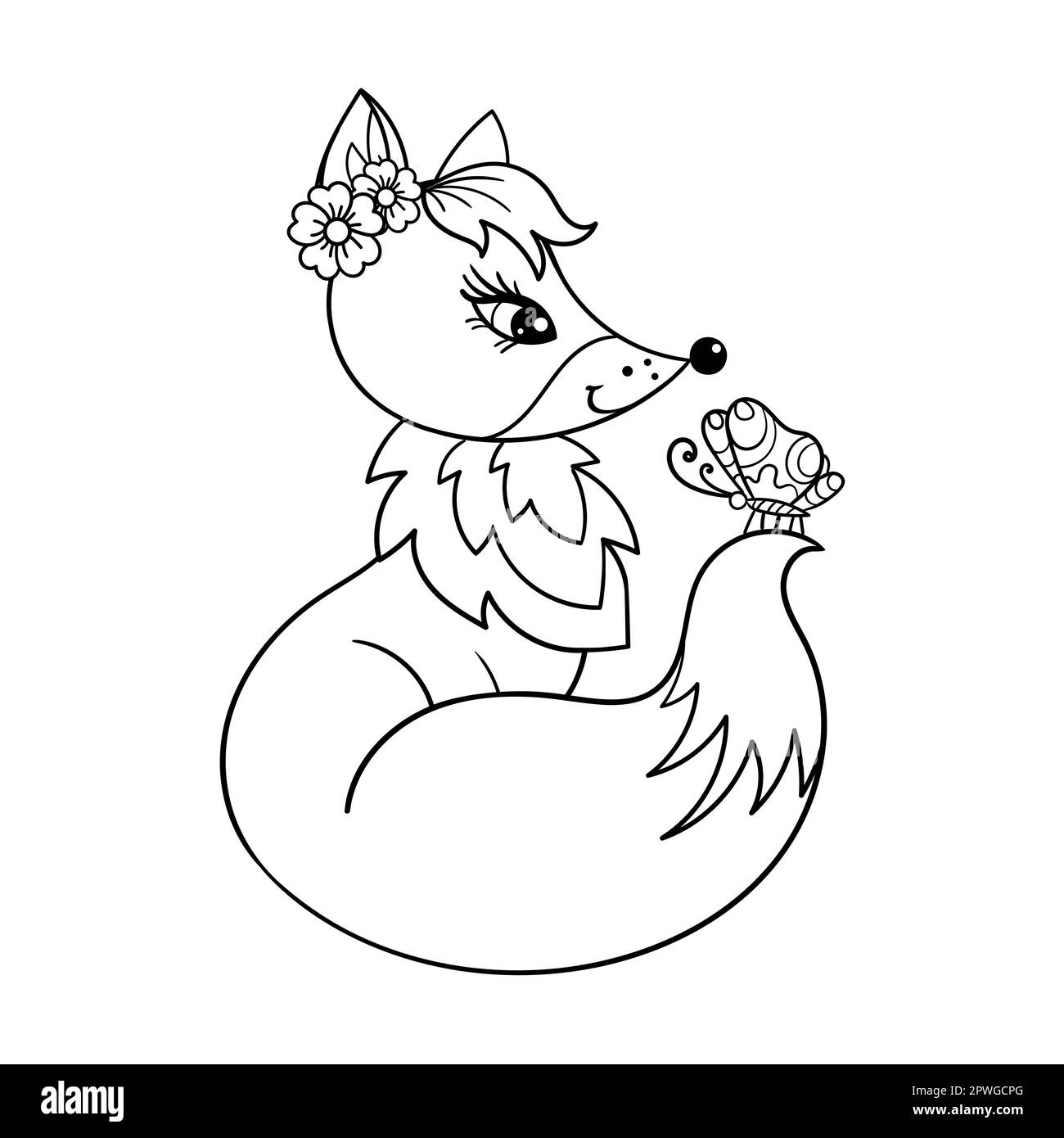 Un renard mignon avec un papillon sur sa queue. Dessin linéaire noir et blanc. Illustration pour enfants. Pour la conception de livres de coloriage, cartes, autocollants, p Illustration de Vecteur