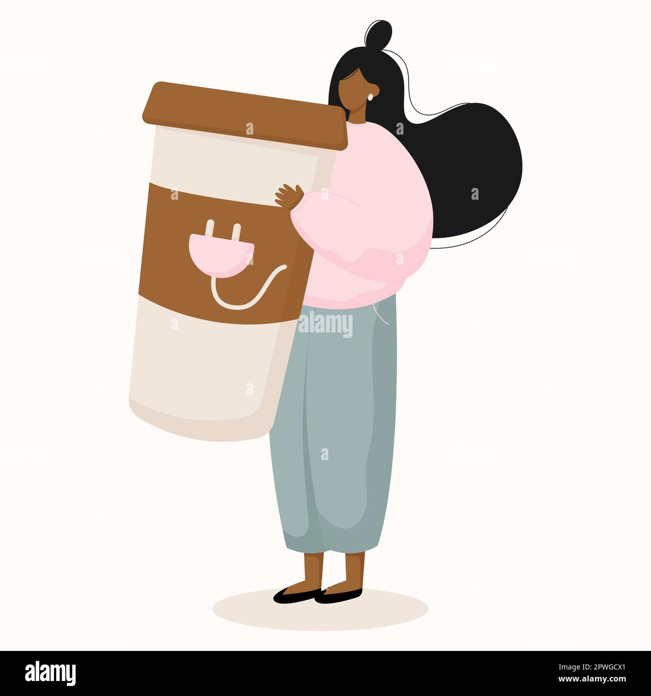 Une fille boit du café de grande tasse.femme avec une grande tasse de café, thé.énergie caféin vecteur illustration plate Illustration de Vecteur