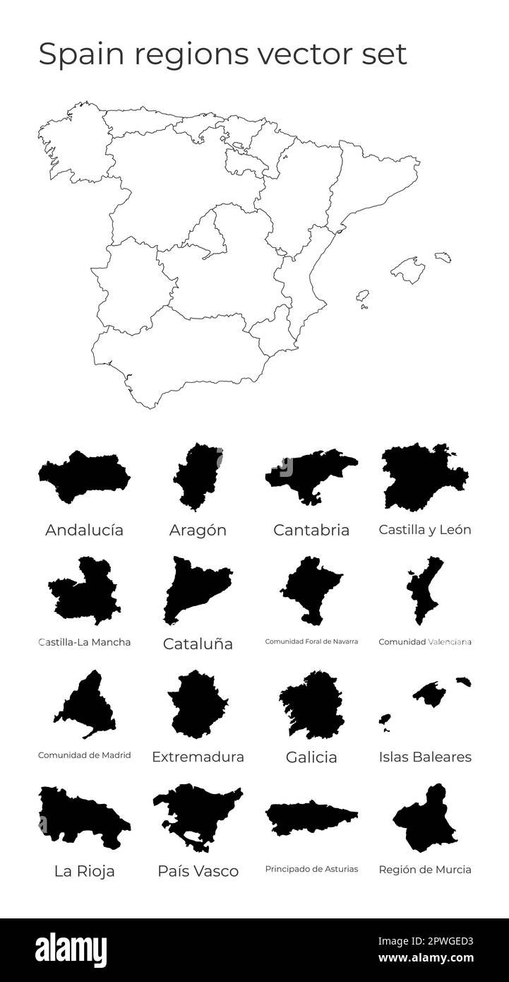 Carte de l'Espagne avec les formes des régions. Carte vectorielle vierge du pays avec les régions. Frontières du pays pour votre infographie. Illustration vectorielle. Illustration de Vecteur