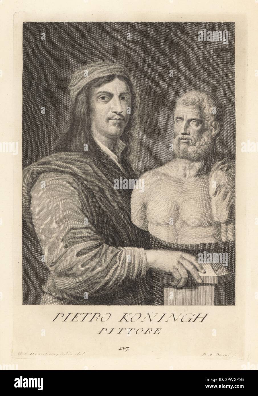 Philip de Koninck ou Philips Koninck, peintre paysagiste néerlandais, 1619-1688. Frère cadet de Jacob Koninck. Debout à côté d'un buste classique d'un homme barbu en peau de lionskin (Hercules). Mal étiqueté Pietro Koningh, Pittore. Gravure sur plaque de coperplate par Pietro Antonio Pazzi d'après Giovanni Domenico Campiglia après un autoportrait par l'artiste du Museo Florentino de Francesco Moucke, Serie di Ritratti de Pittori (série de Portraits de Peintres) stampia Mouckiana, Florence, 1752-62. Banque D'Images
