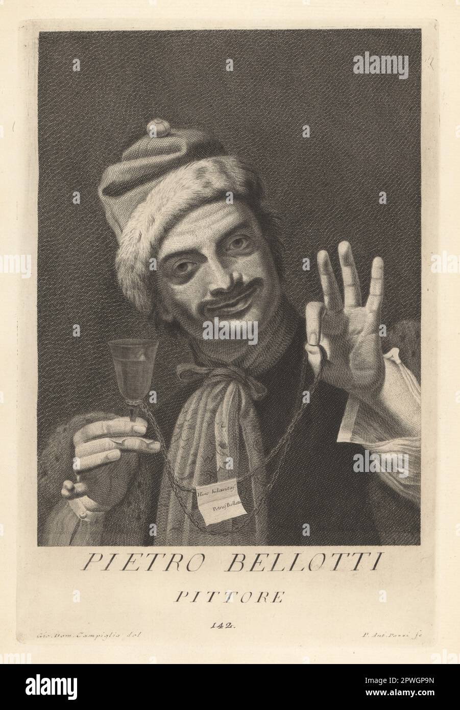 Pietro Bellotti, peintre italien actif dans la période baroque, 1625–1700. Né à Bolzano, peint des sujets historiques et des portraits. Tenant un verre avec une chaîne et une étiquette de lecture Hinc hilalitas Petrus Bellotti, 1658. Pittore. Gravure sur plaque de coperplate par Pietro Antonio Pazzi d'après Giovanni Domenico Campiglia après un autoportrait par l'artiste du Museo Florentino de Francesco Moucke, Serie di Ritratti de Pittori (série de Portraits de Peintres) stampia Mouckiana, Florence, 1752-62. Banque D'Images