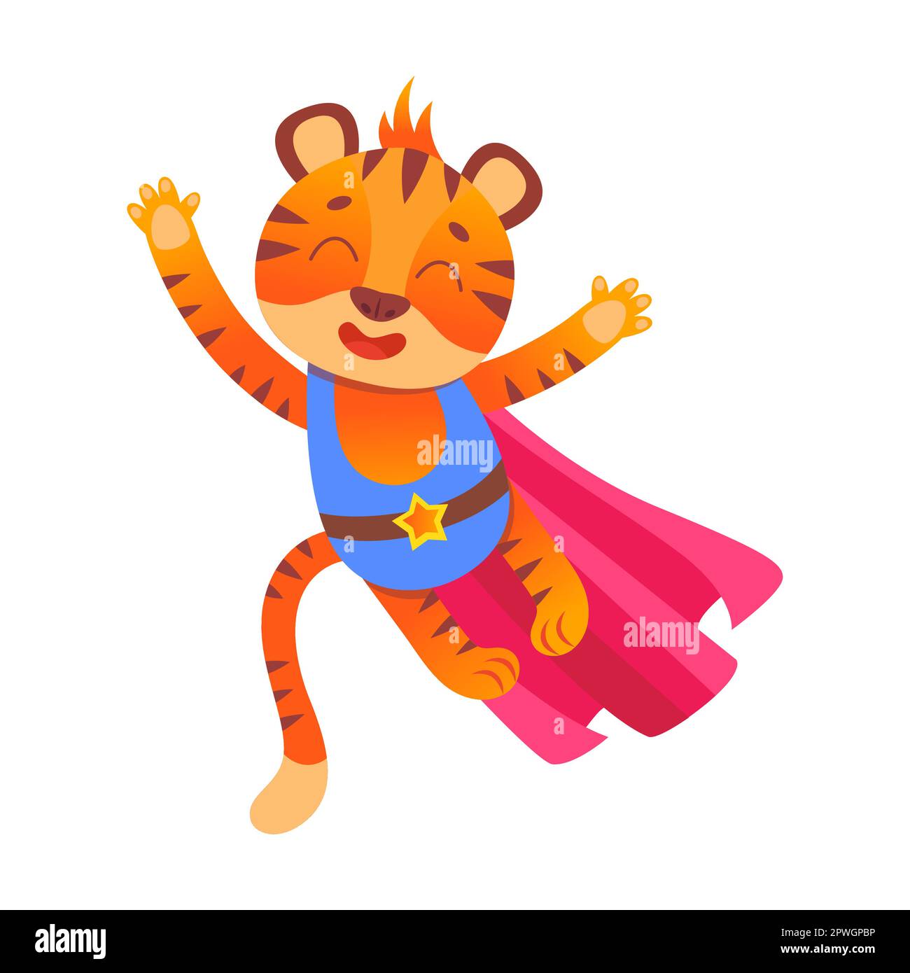 Héros tigre rayé, dessin animé de personnage animal. Drôle de petit super-héros dans le cap et masque sur fond blanc Illustration de Vecteur