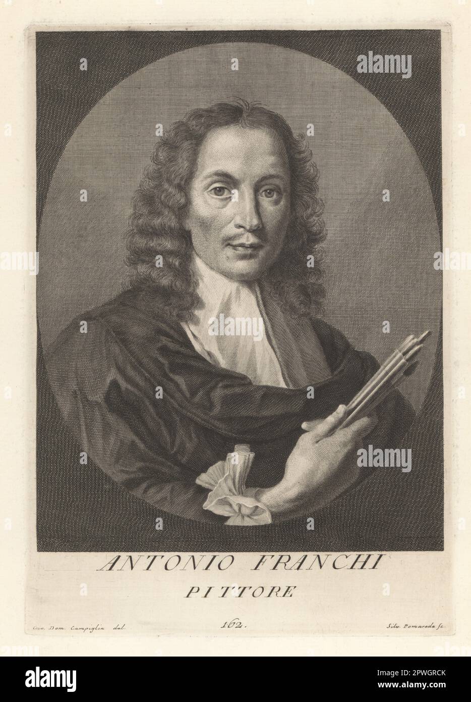 Antonio Franchi, peintre italien du 17th siècle, 1638–1709, actif principalement à Florence et Lucques. Pittore. Gravure de plaques de coperplate par Silvestre Pomarede d'après Giovanni Domenico Campiglia après un autoportrait de l'artiste du Museo Florentino de Francesco Moucke (Musée Florentinum), série di Ritratti de Pittori (série de Portraits de Peiners) stampia Mouckiana, Florence, 1752-62. Banque D'Images