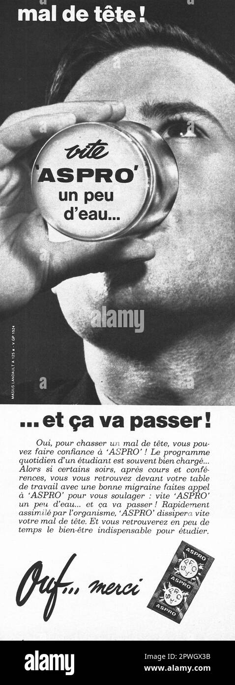Aspro Clear pain relief Aspirin 24 soluble annonce imprimée française, 1965 Banque D'Images