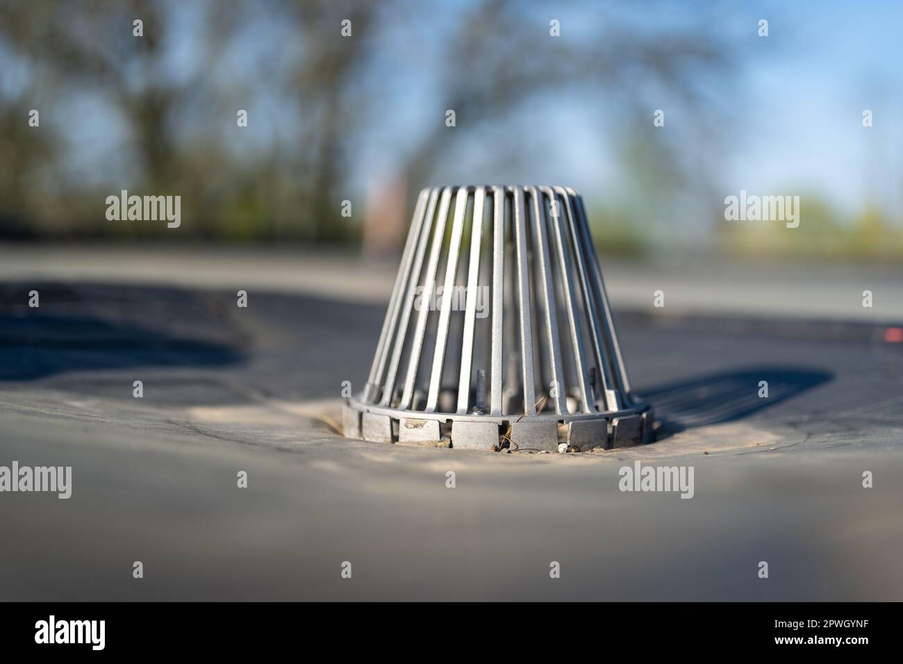 Nettoyer le drain de toit en cage métallique sur un toit EPDM plat. Banque D'Images