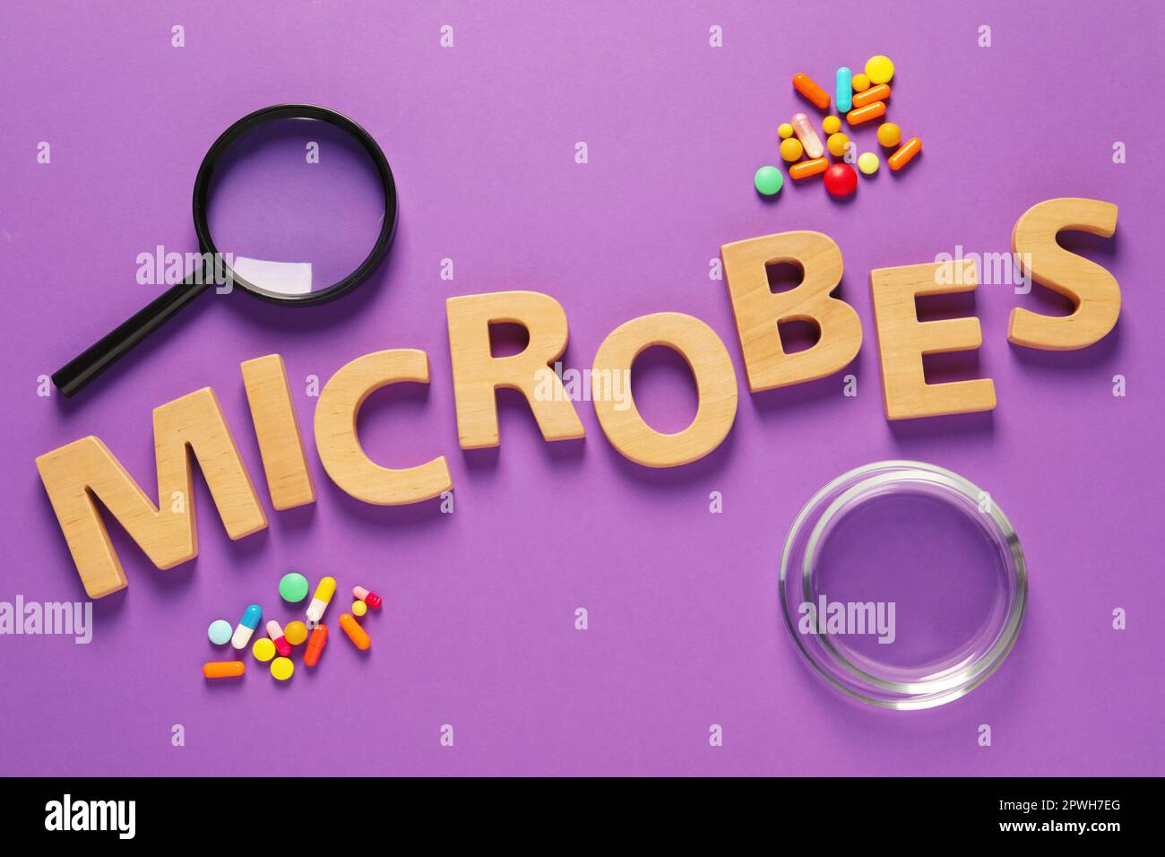 Microbes de mot faits avec des lettres en bois, loupe et des pilules sur fond violet, plat Banque D'Images
