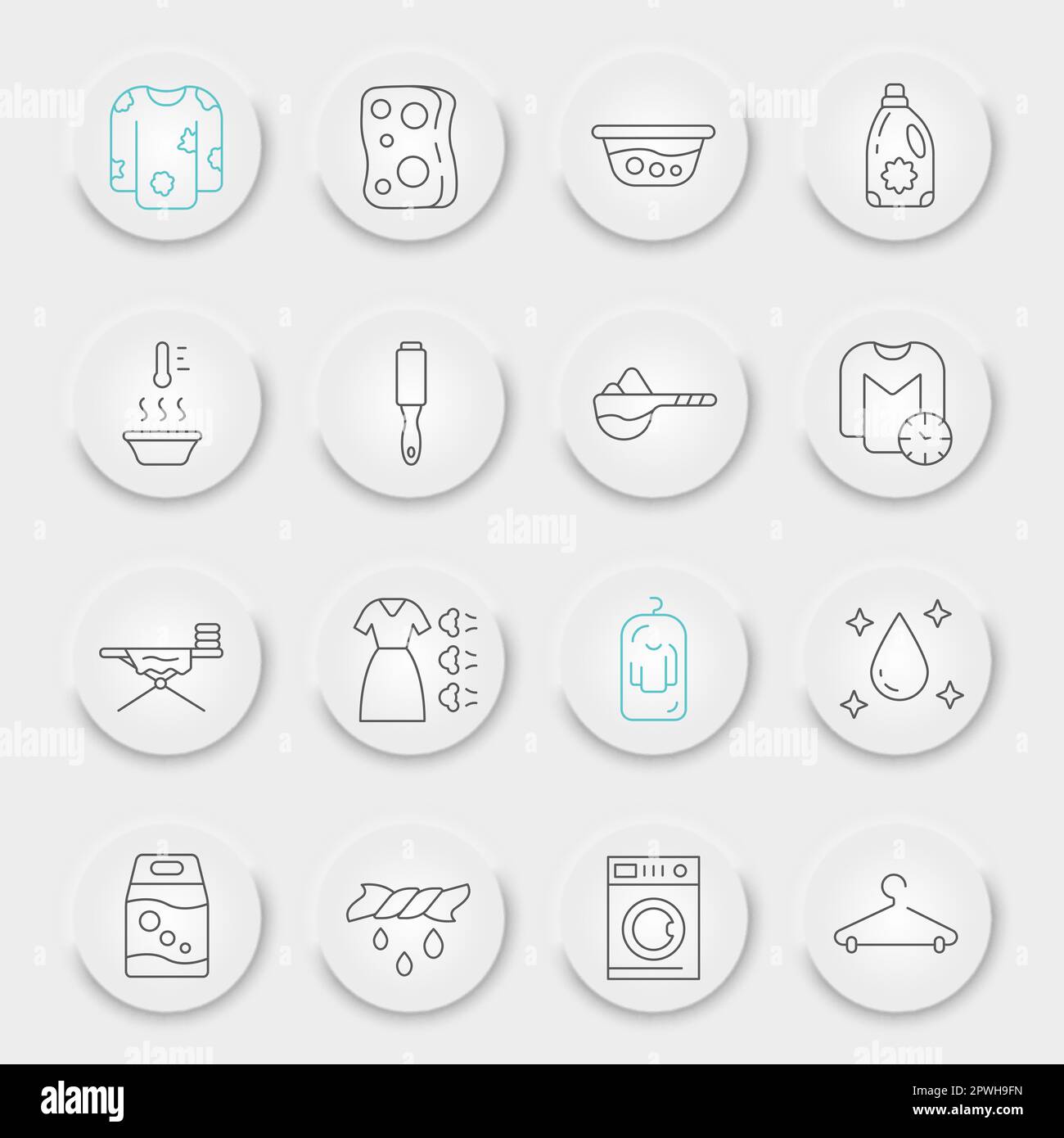 Jeu d'icônes de linge, collection de symboles de lavage, croquis vectoriels, boutons UI UX neuporphiques, panneaux de travaux ménagers paquet de pictogrammes linéaires isolé sur wh Illustration de Vecteur