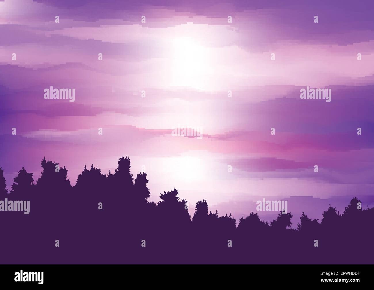 Silhouette d'un paysage d'arbre contre un ciel de coucher de soleil violet abstrait Illustration de Vecteur