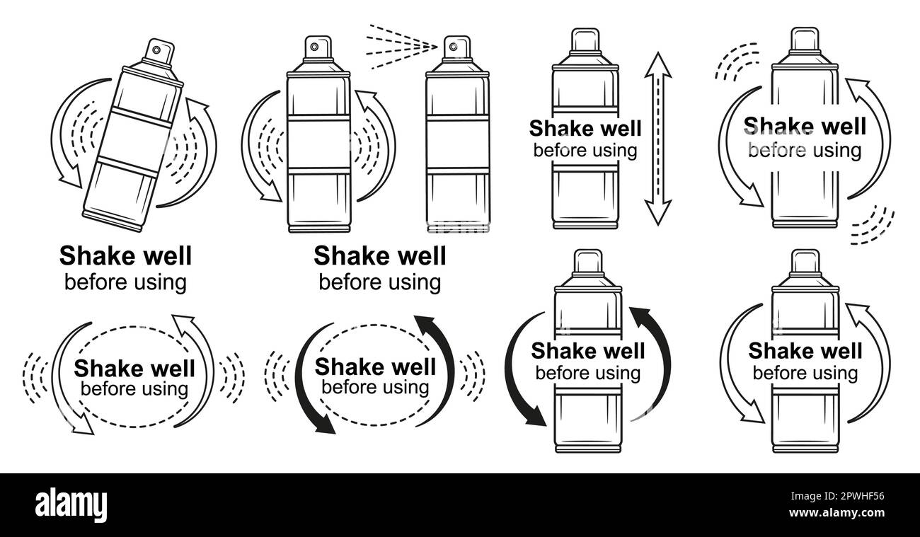 Agiter le flacon avant utilisation, agiter l'aérosol aérosol, mélanger la boisson liquide à la main dans le jeu d'icônes de la ligne du récipient. Un shaker de fitness. Package cosmétique. Vecteur Illustration de Vecteur