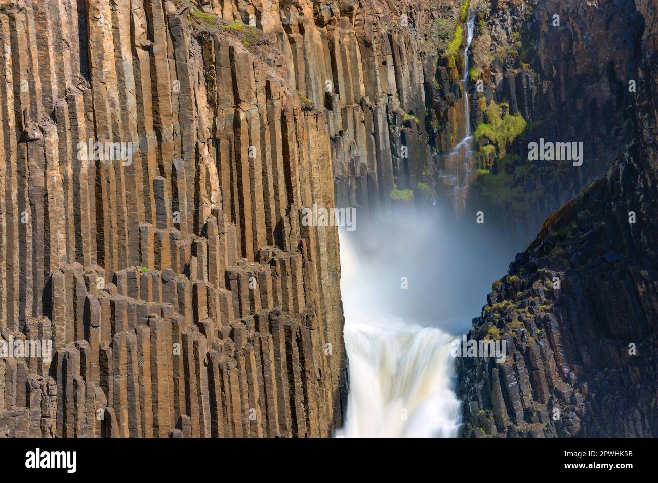 Détail de la cascade de Litlanesfoss en Islande avec ses colonnes de basalte Banque D'Images