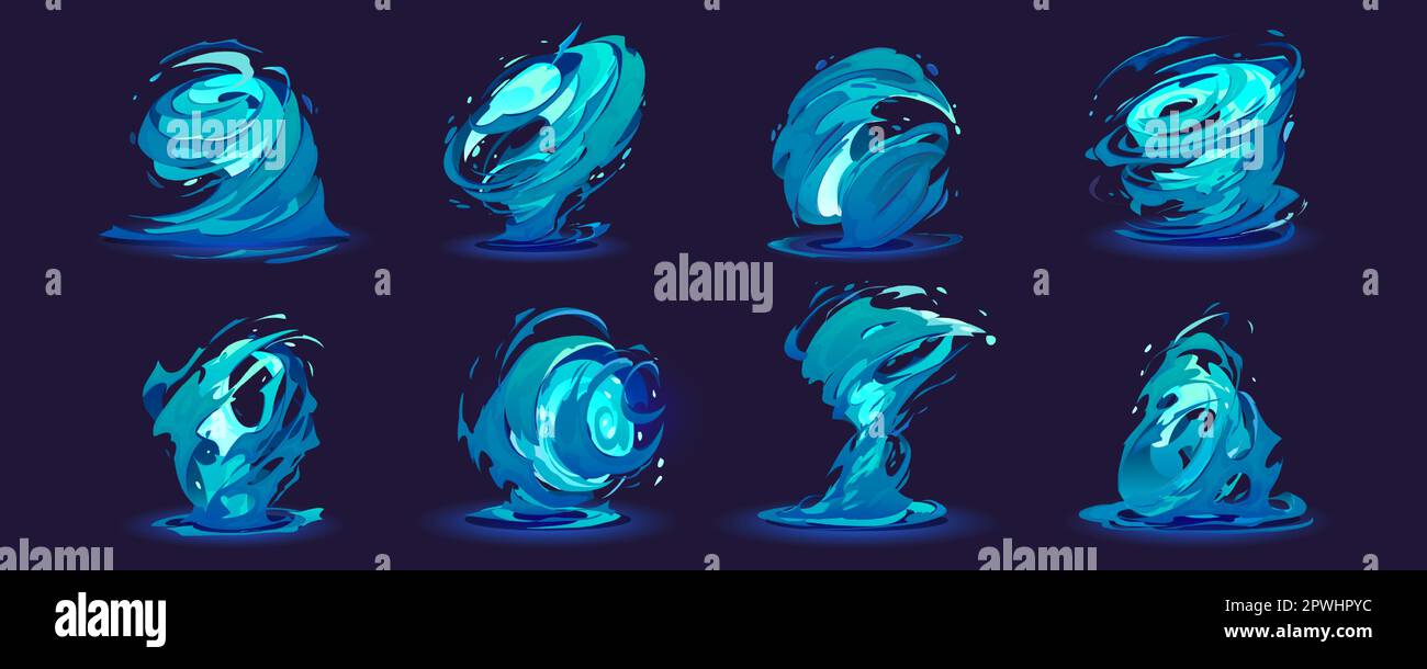 Feuille de dessin animé représentant une tornade d'eau sur fond sombre. Illustration vectorielle du vortex de tempête de vent bleu fluo, effet de puissance magique vfx. Éléments de conception de catastrophes naturelles pour l'interface utilisateur de jeu Illustration de Vecteur