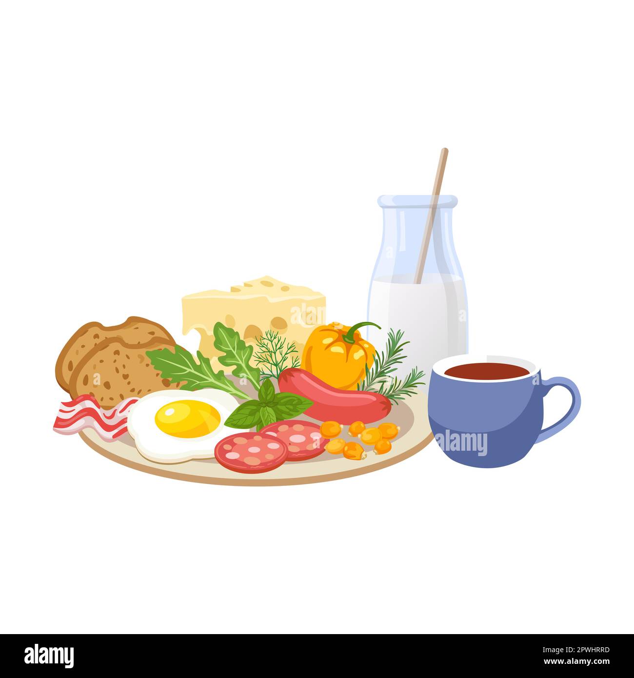 Assiette avec illustration de dessin animé pour le dîner ou le petit-déjeuner. Porridge aux fruits, salade de légumes, œufs frits sur fond blanc Illustration de Vecteur