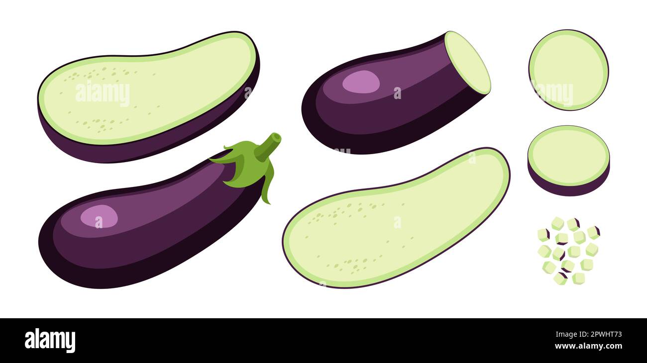 Jeu d'illustrations vectorielles d'aubergines entières, coupées et tranchées Illustration de Vecteur