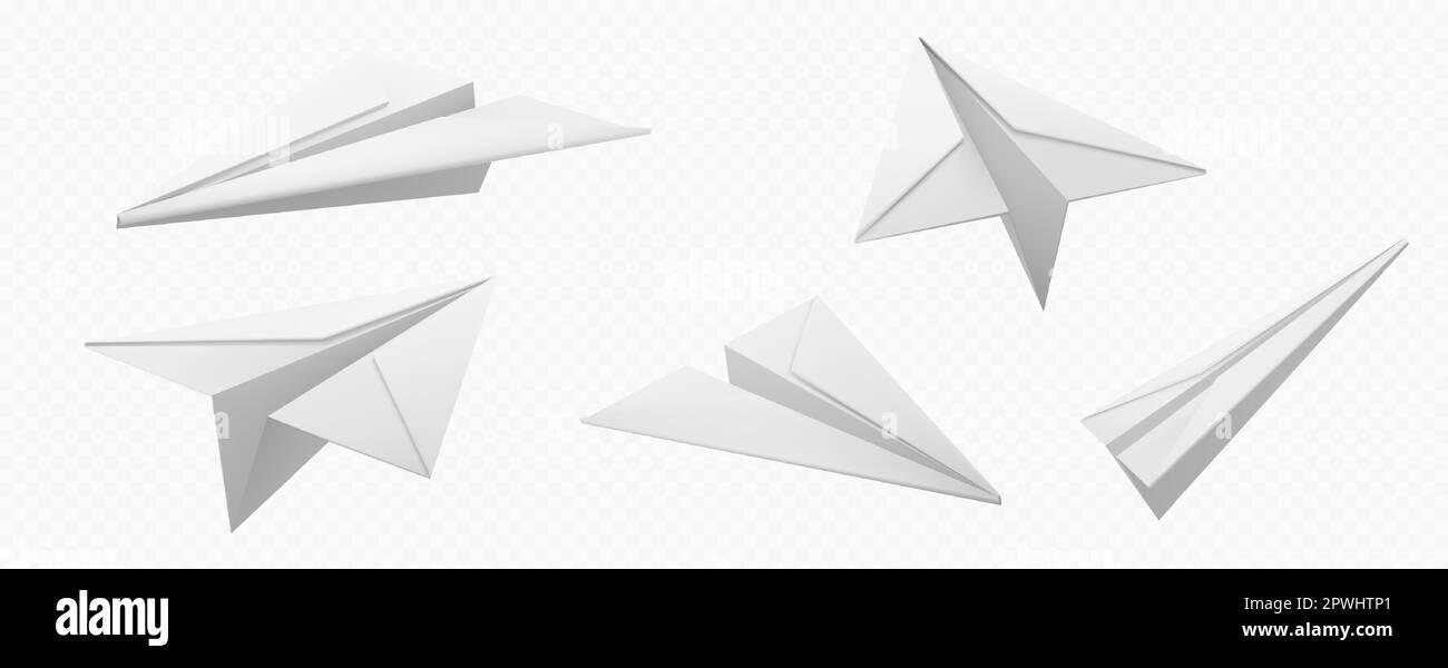 Jeu réaliste de 3D plans de papier isolés sur fond transparent. Illustration vectorielle d'un avion jouet origami volant dans l'air. Symbole de chat de message, de communication sur les réseaux sociaux, de voyage. Motif emoji Illustration de Vecteur