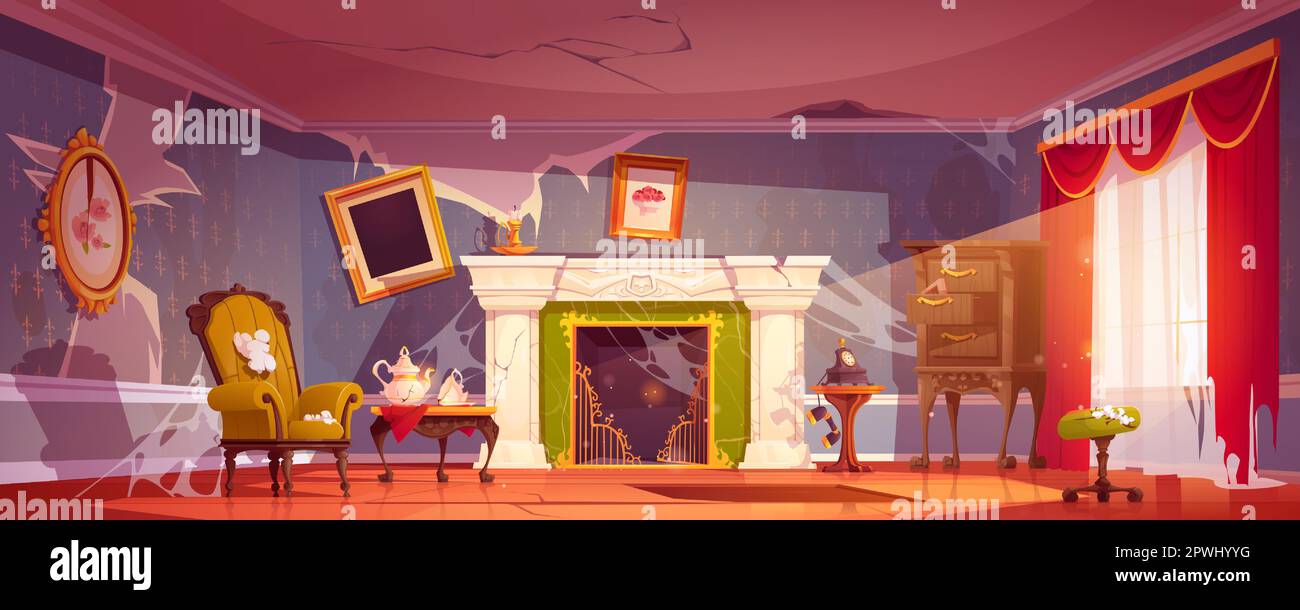 Chambre ancienne de style victorien. Salon ancien avec cheminée cassée, mobilier ancien sale et mess. Salon vide abandonné, illustration de dessin animé vectoriel Illustration de Vecteur