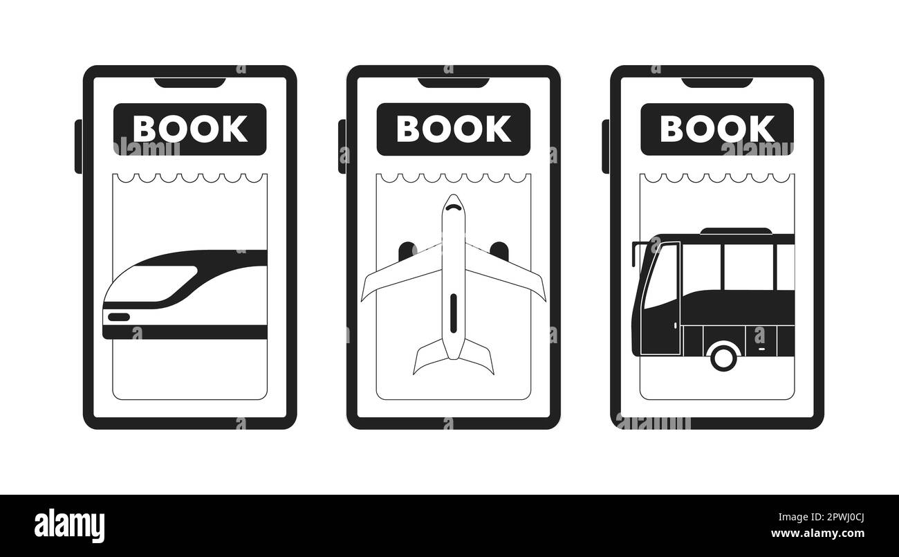 Réservation de bus, train, avion tickets application monochrome concept vector spot illustration set Illustration de Vecteur