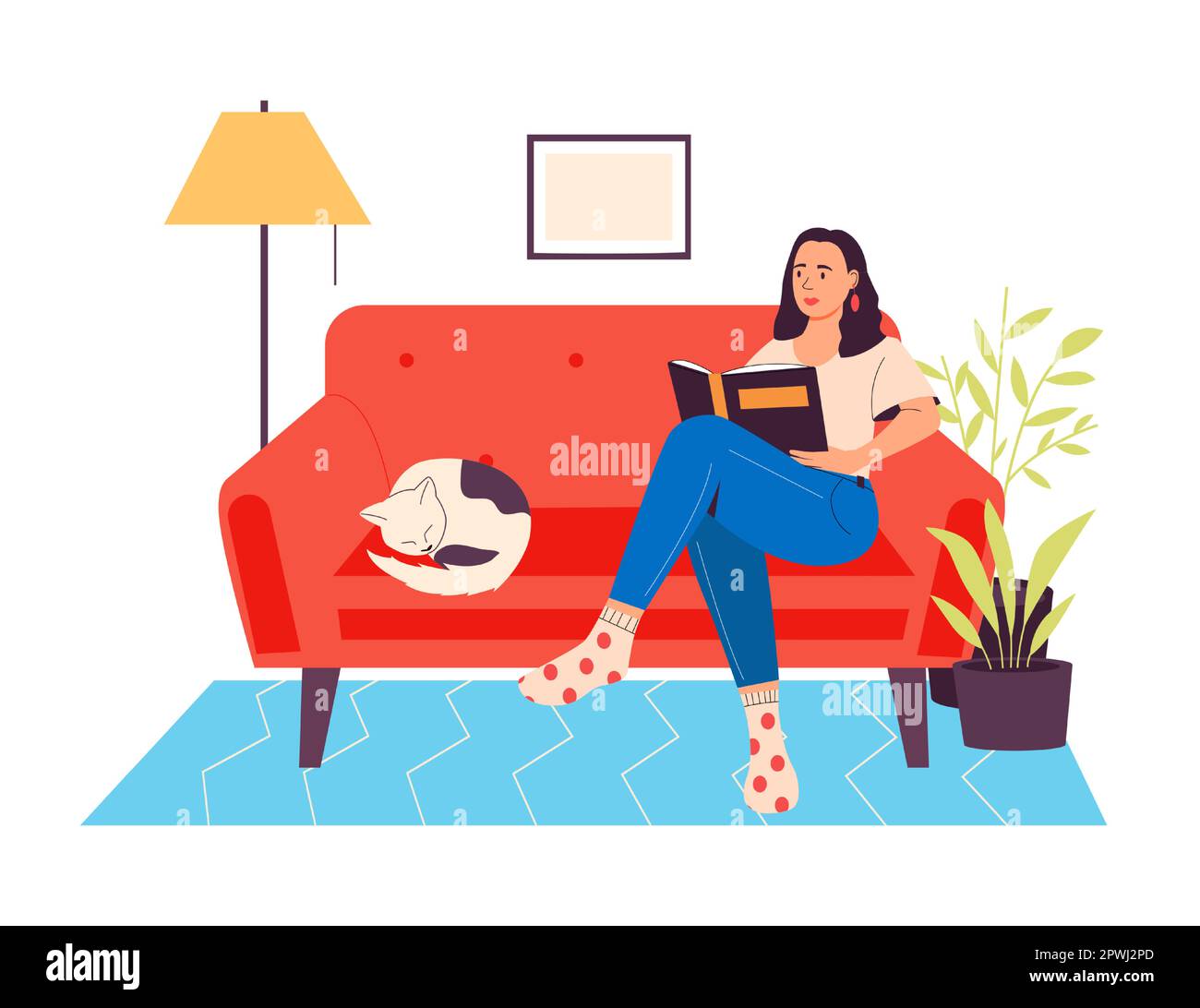 Une femme lit des livres assis sur un canapé avec un chat. Vecteur de la maison et canapé avec chat, personne illustration fille, jeune femme lire le style de vie et se détendre Illustration de Vecteur