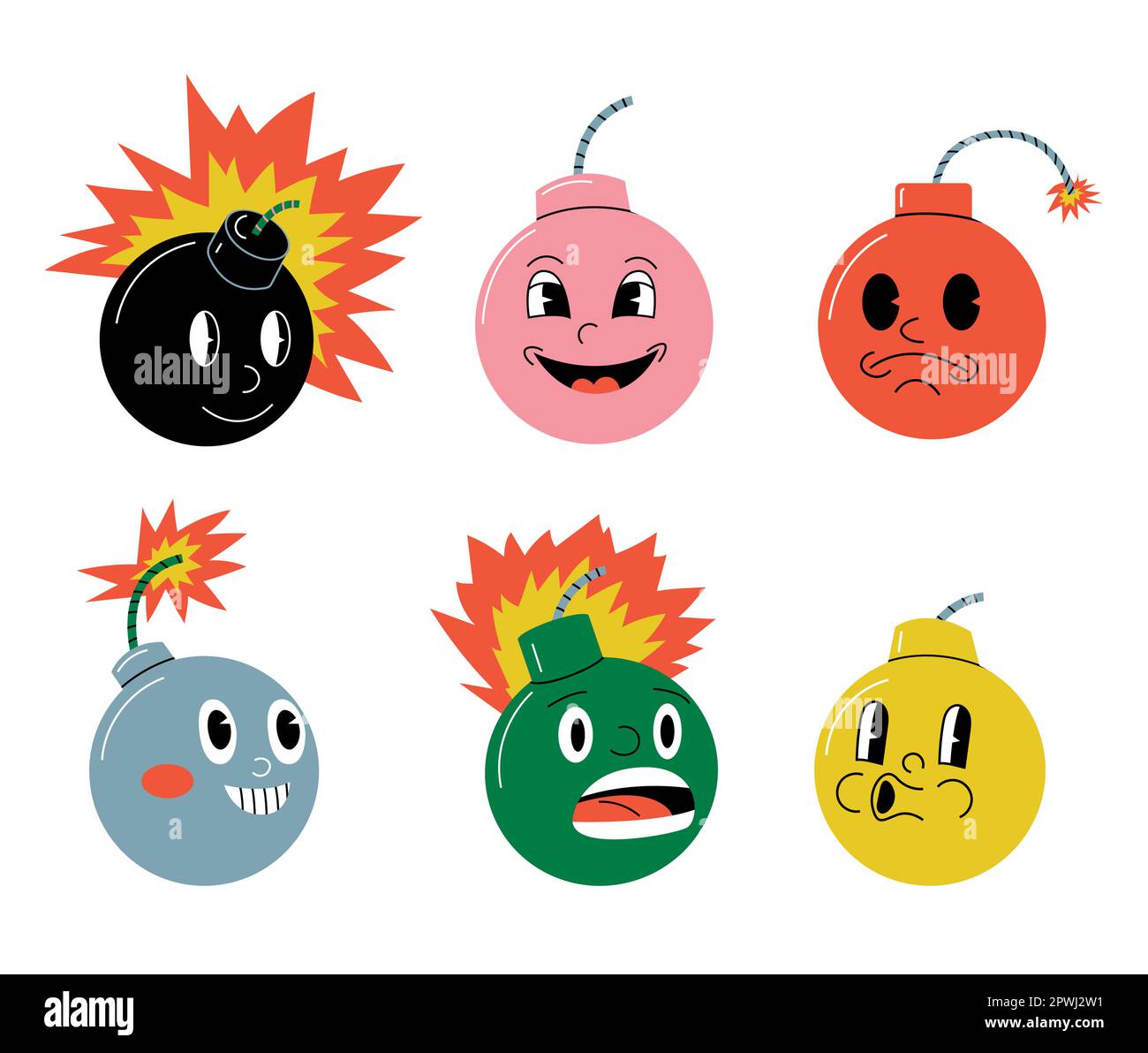 Personnage de bombe. Mascotte d'arme ronde explosive Doodle avec visages et expressions amusants de dessin animé rétro. Explosion vectorielle fumée colorée, explosive et bu Illustration de Vecteur