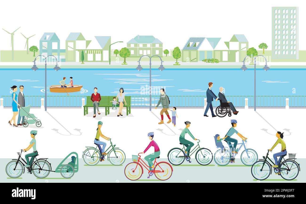 Piétons et cyclistes sur la rivière, illustration Illustration de Vecteur
