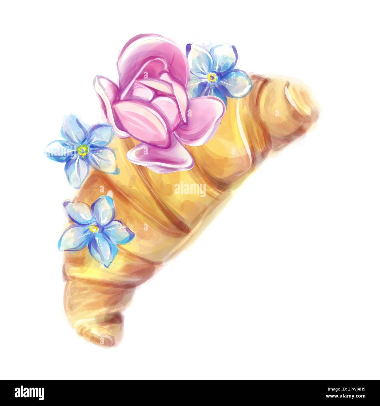 Croissant aquarelle avec fleurs dans un style romantique. Petit déjeuner français. Boulangerie clipart. Banque D'Images