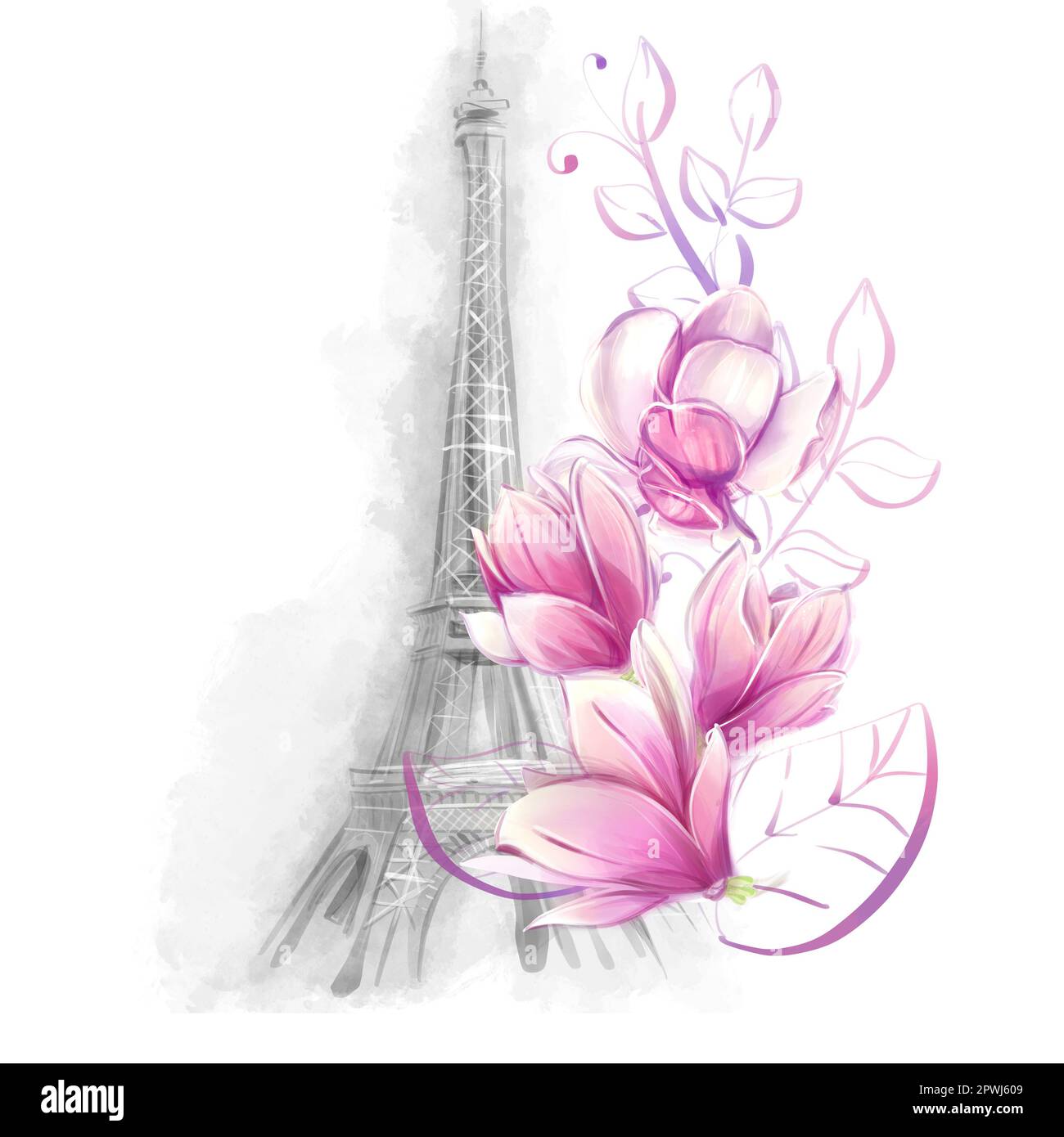 Aquarelle Tour Eiffel à Paris au printemps, style romantique et vintage avec magnolias. Tourisme, monuments et architecture de France, clipart pour le design o Banque D'Images