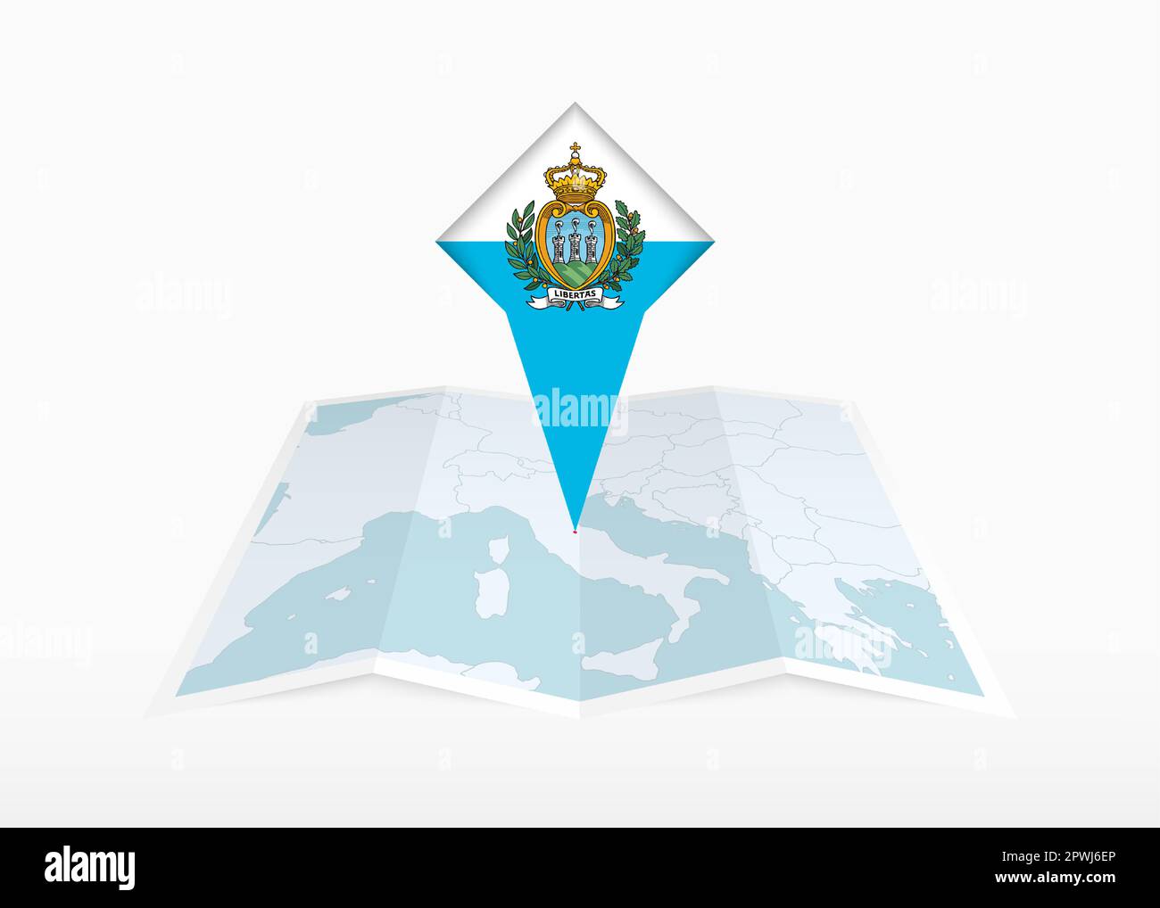 Saint-Marin est représenté sur une carte papier pliée et un marqueur de position épinglé avec drapeau de Saint-Marin. Carte vectorielle pliée. Illustration de Vecteur